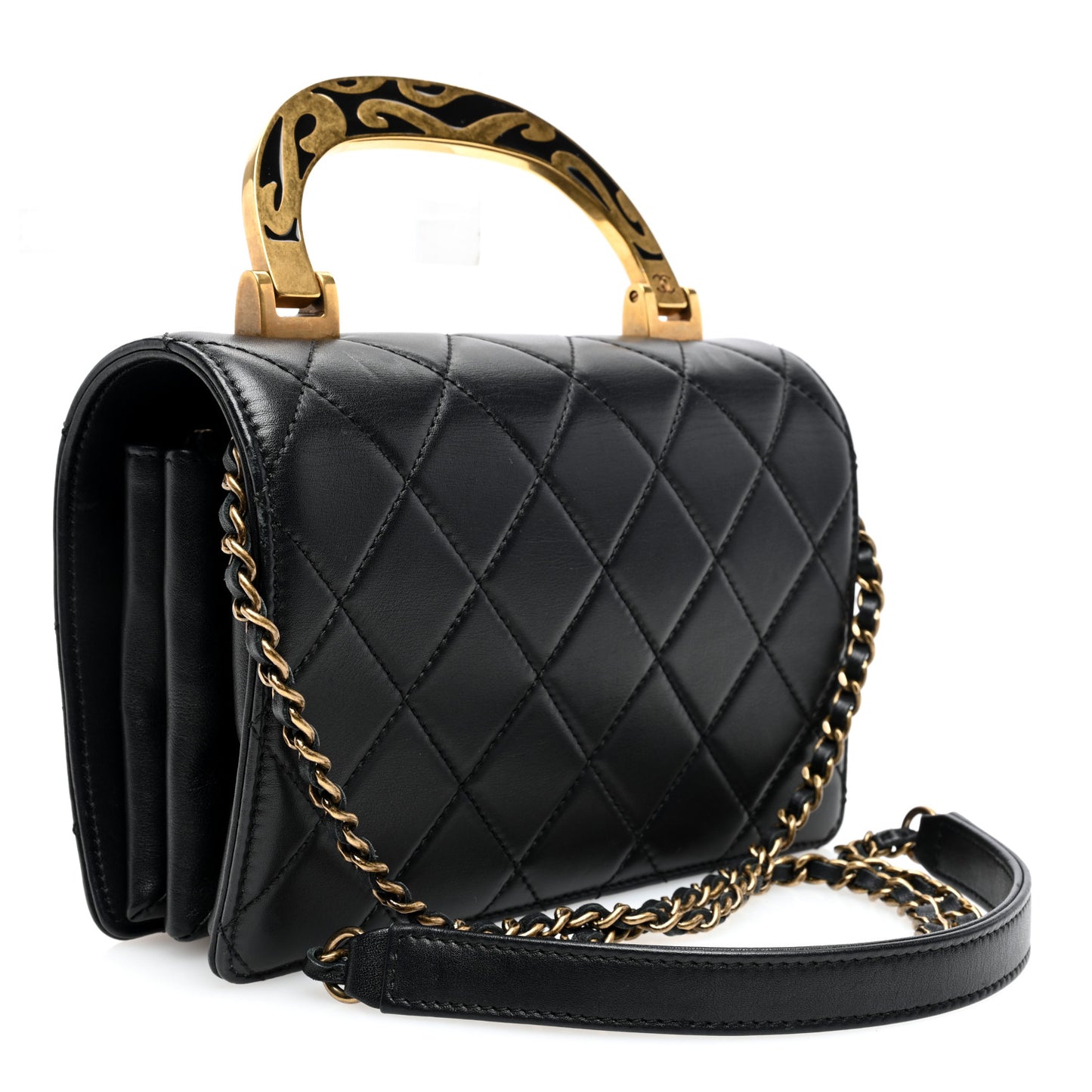 Metal Calfskin Quilted Top Handle Flap Black