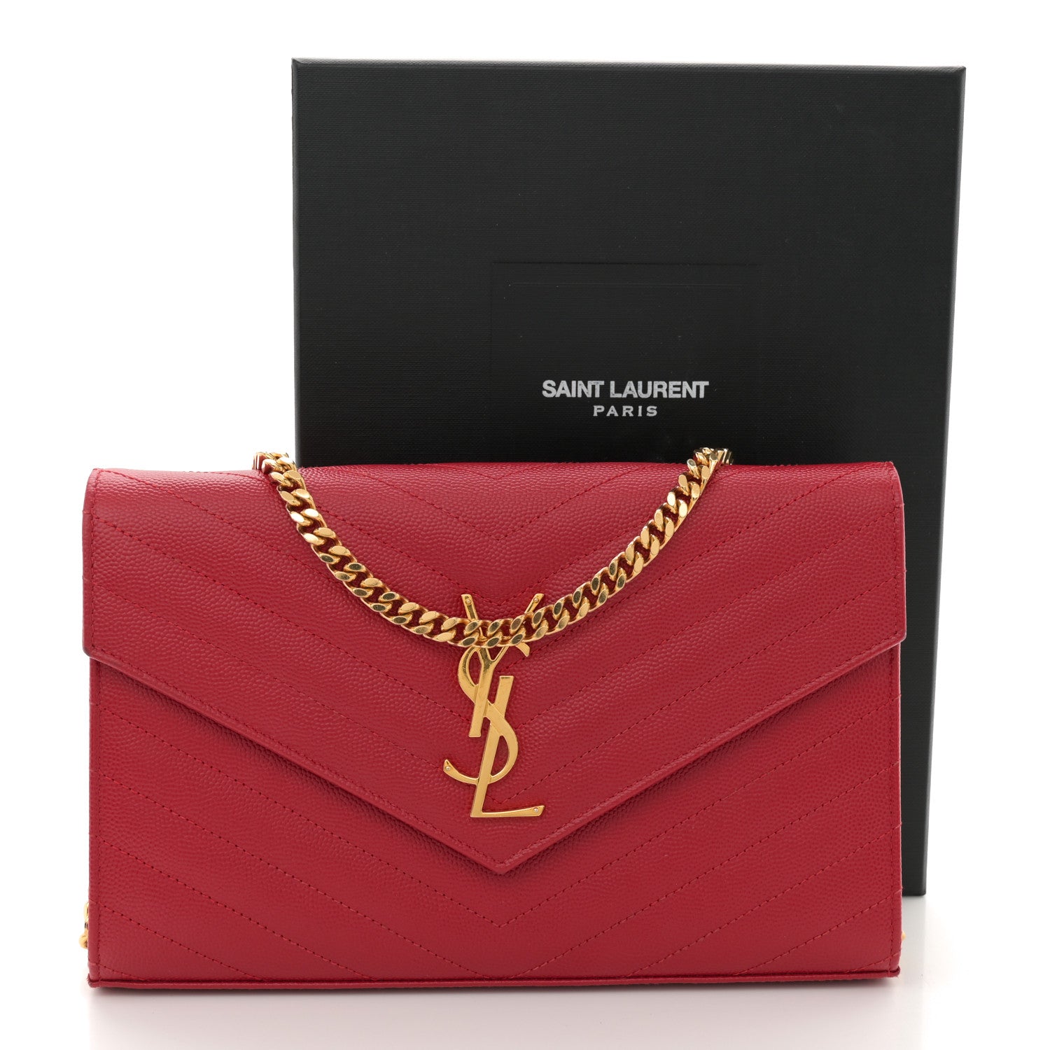Saint Laurent Grain De Poudre Matelasse Chevron Monogram Chain Wallet Red 13 of 13