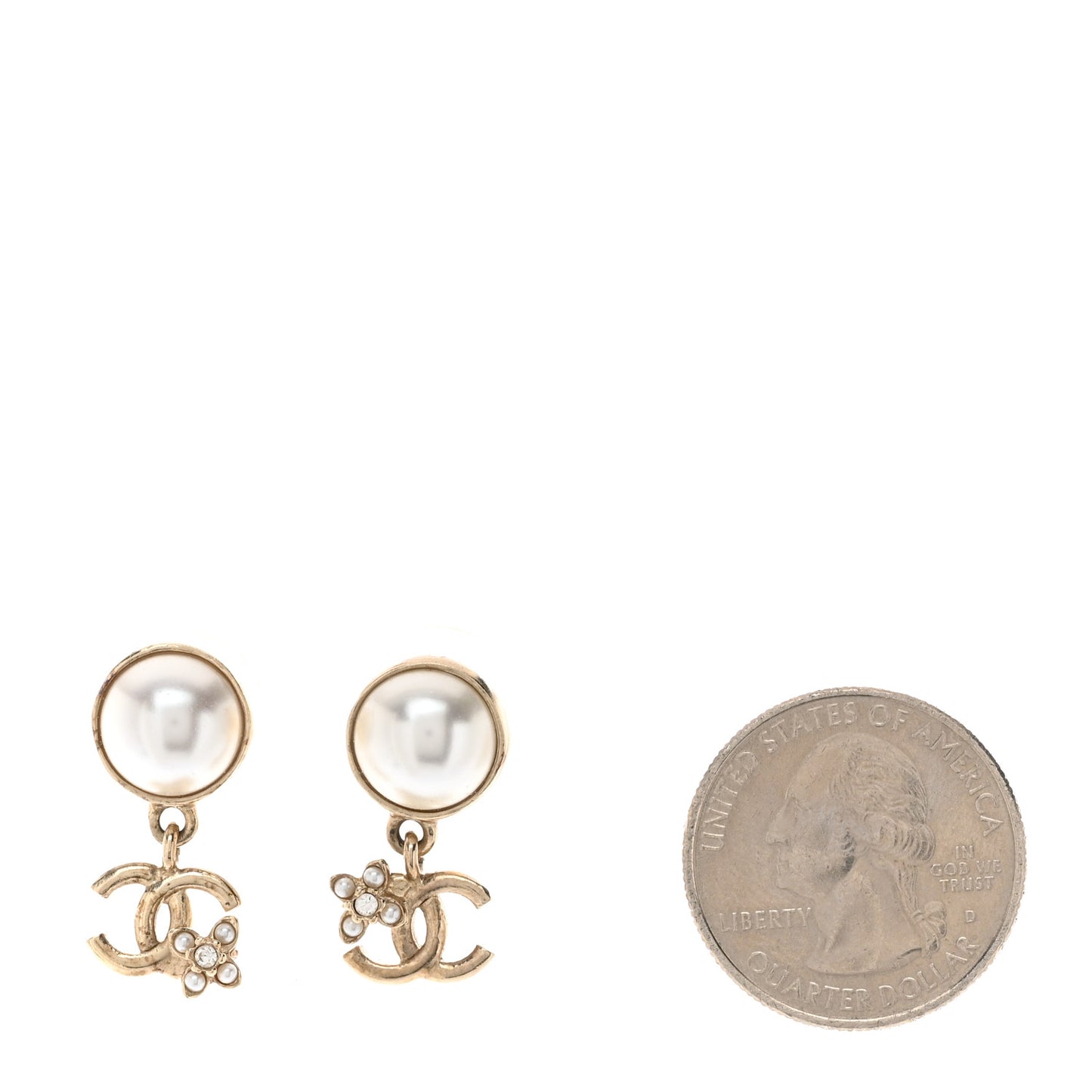 Pearl Crystal CC Flower Drop Earrings Gold Pearly White