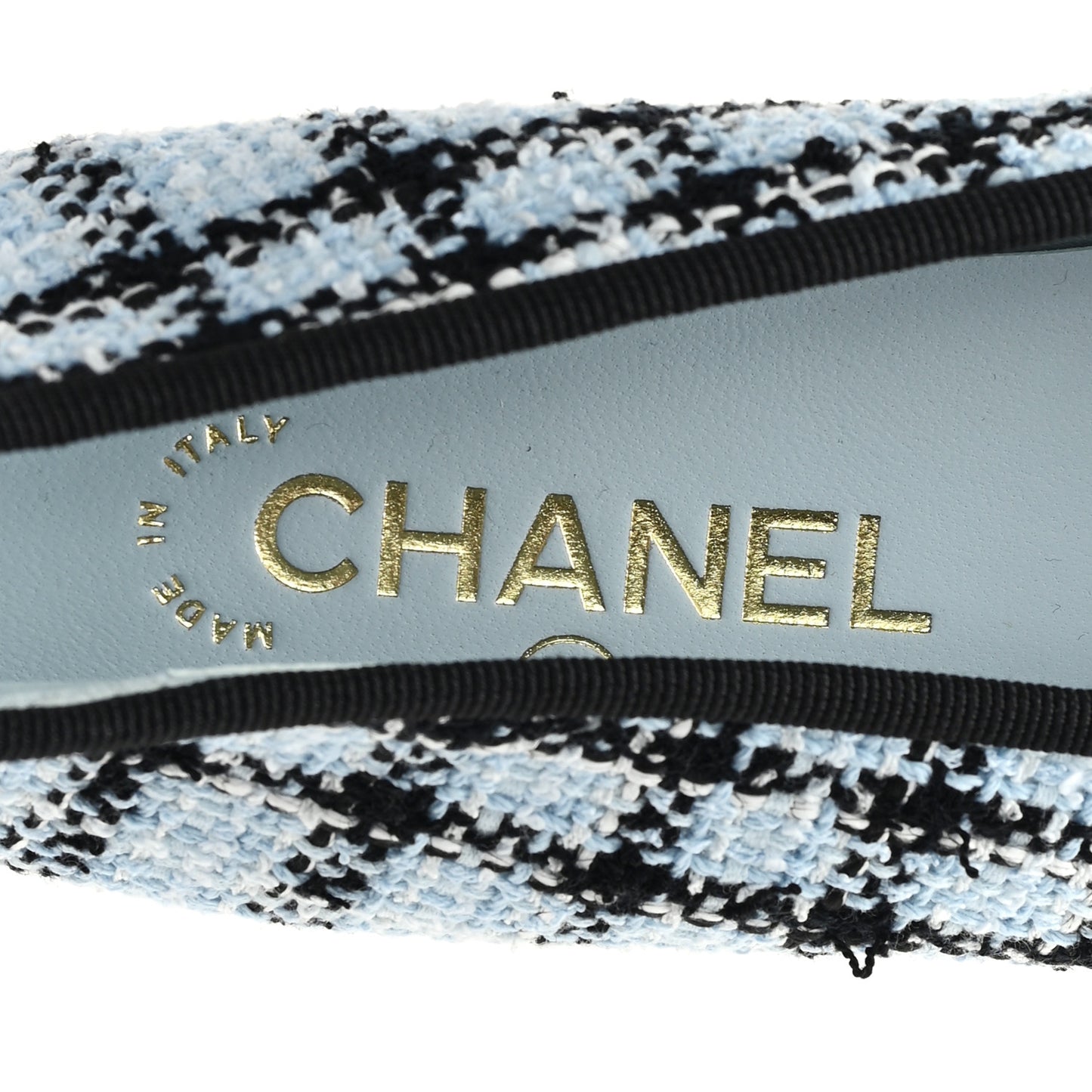 Tweed Grosgrain Cap Toe Ballerina Flats 39.5 Light Blue Black