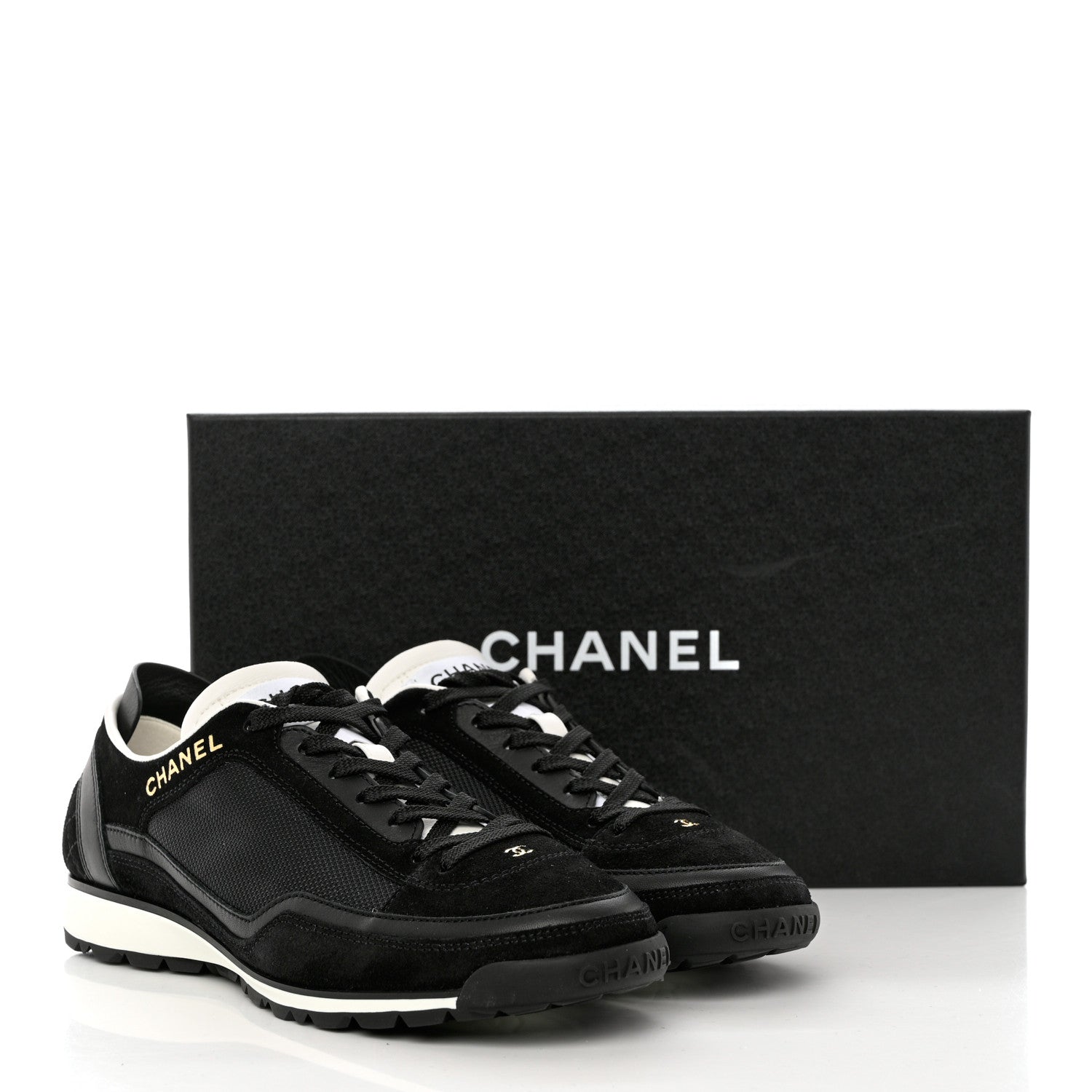 Chanel Suede Calfskin Fabric CC Sneakers 37 Black White 10 of 10