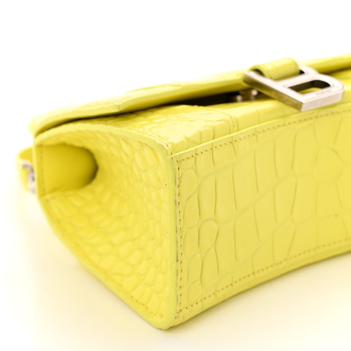 Shiny Calfskin Crocodile Embossed Hourglass Top Handle Bag XS Light Yellow
