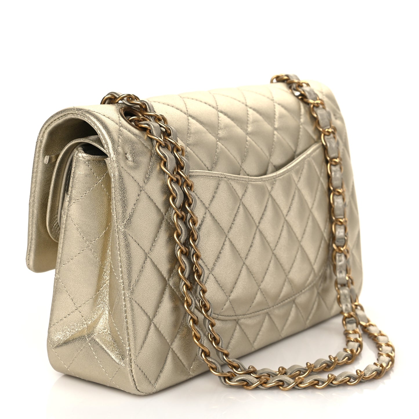 Metallic Lambskin Quilted Medium Double Flap Gold