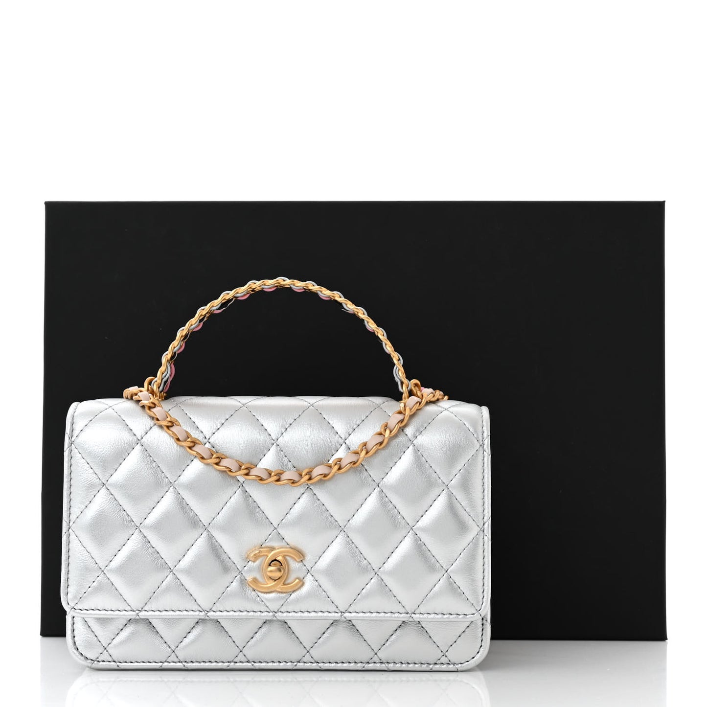 Metallic Calfskin Quilted Top Handle Wallet on Chain WOC Silver