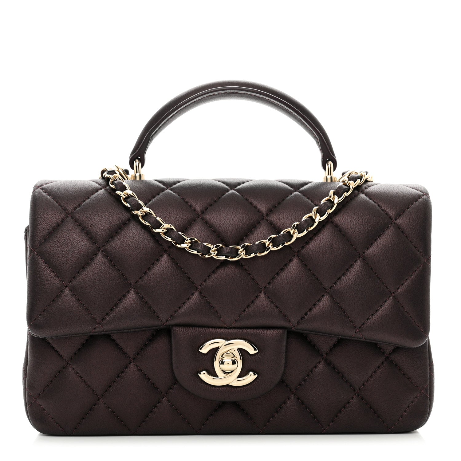 Chanel Iridescent Lambskin Quilted Mini Top Handle Rectangular Flap Burgundy 1 of 10