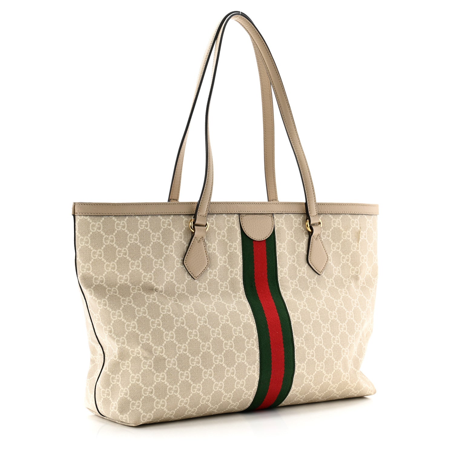 Gucci GG Supreme Monogram Textured Dollar Calfskin Web Medium Ophidia Shopping Tote Beige Mystic White Oatmeal 3 of 12