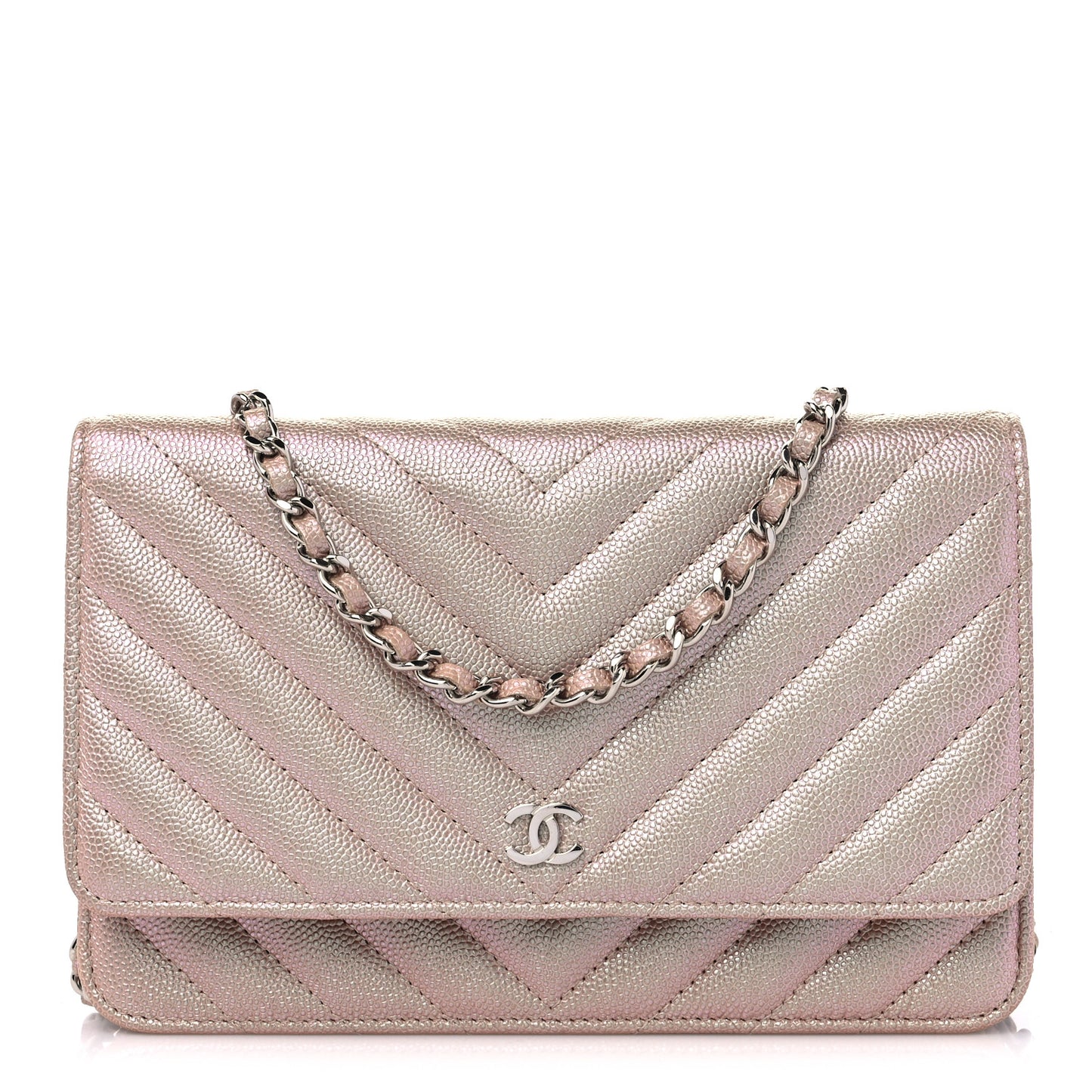Metallic Caviar Chevron Quilted Wallet On Chain WOC Light Gold