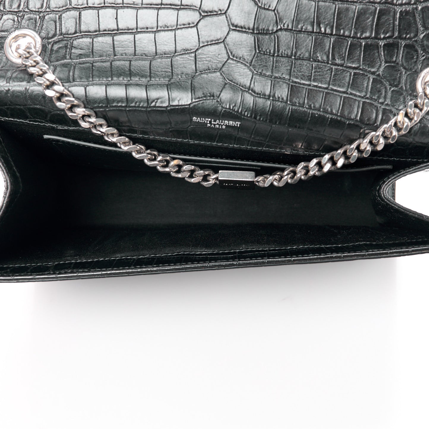 Calfskin Crocodile Embossed Large Classic Monogram Kate Satchel Black