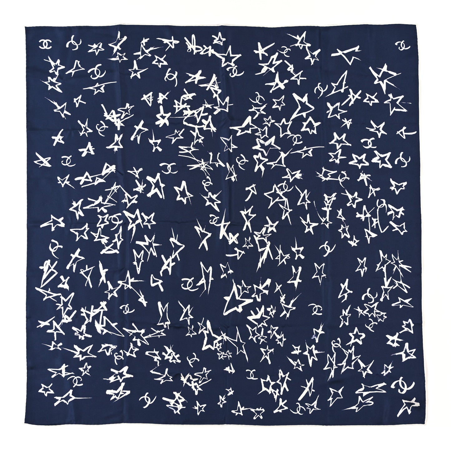 Silk Star Square Scarf Navy Blue White Blue