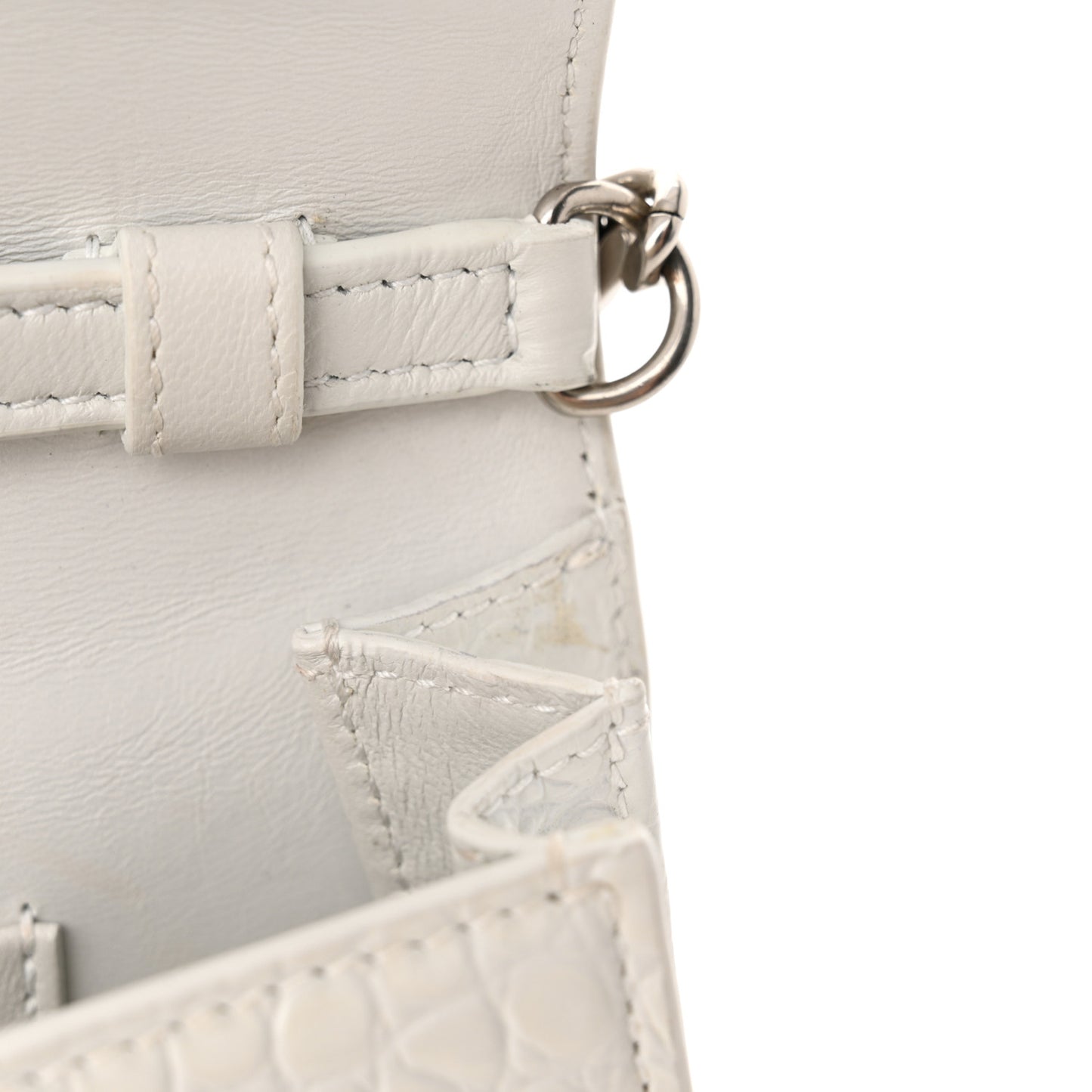 Shiny Calfskin Crocodile Embossed Small Hourglass Evening Chain Bag White