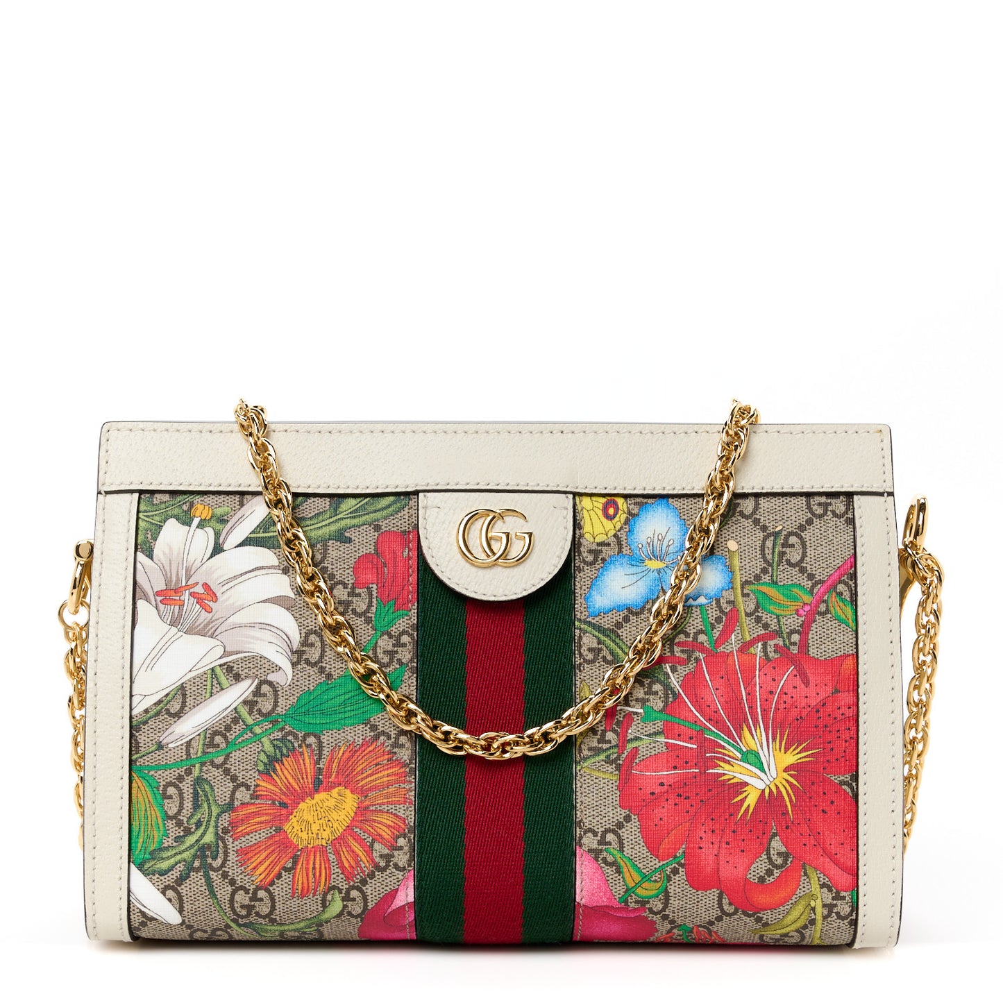 GG Supreme Monogram Flora Web Small Ophidia Chain Shoulder Bag White