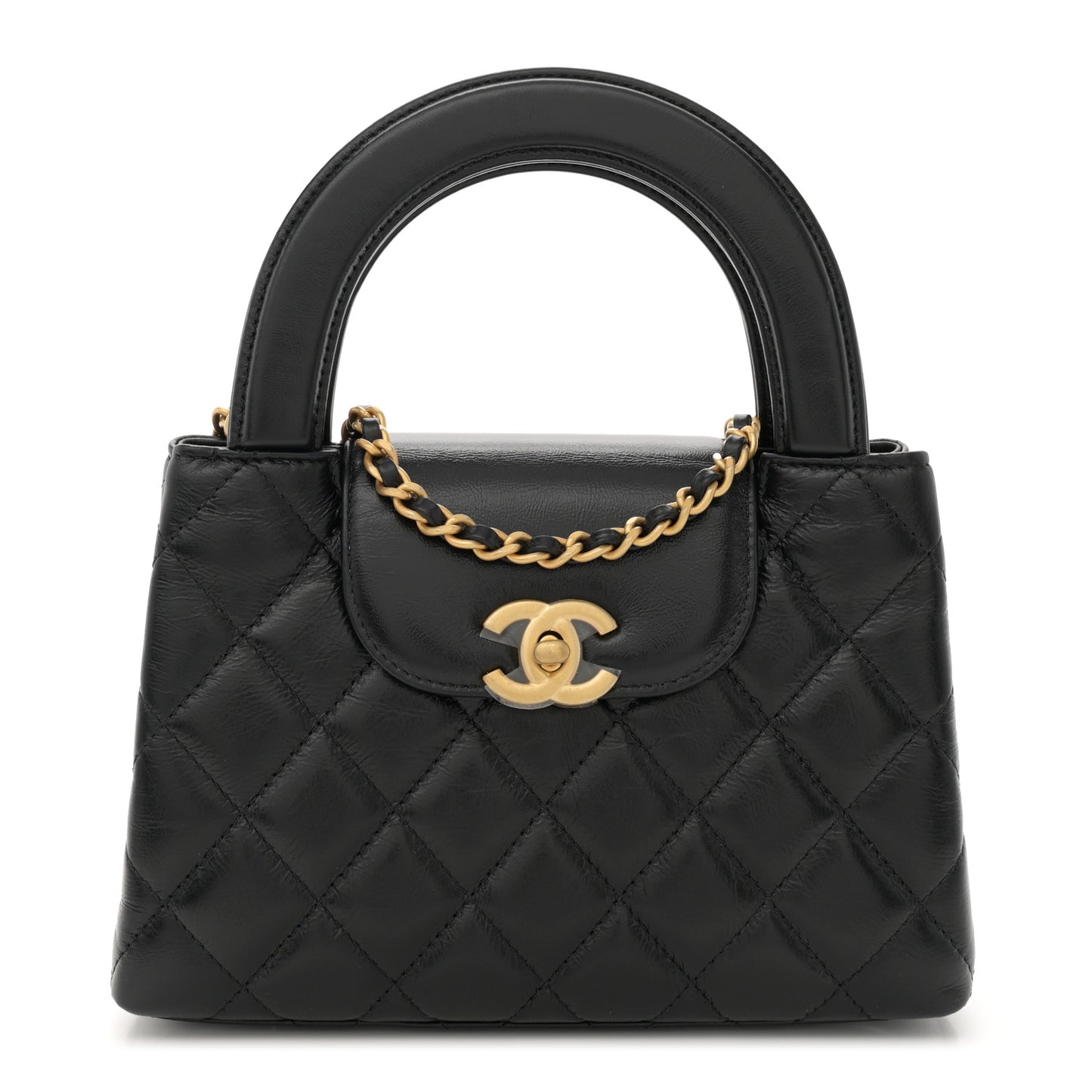 Shiny Aged Calfskin Quilted Nano Kelly Shopper Black