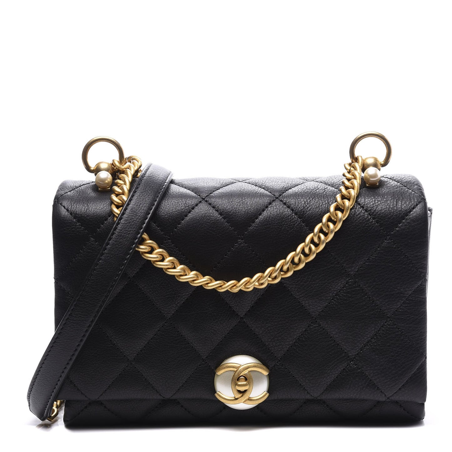 Calfskin Quilted Accordion Pearl CC Flap Bag Black