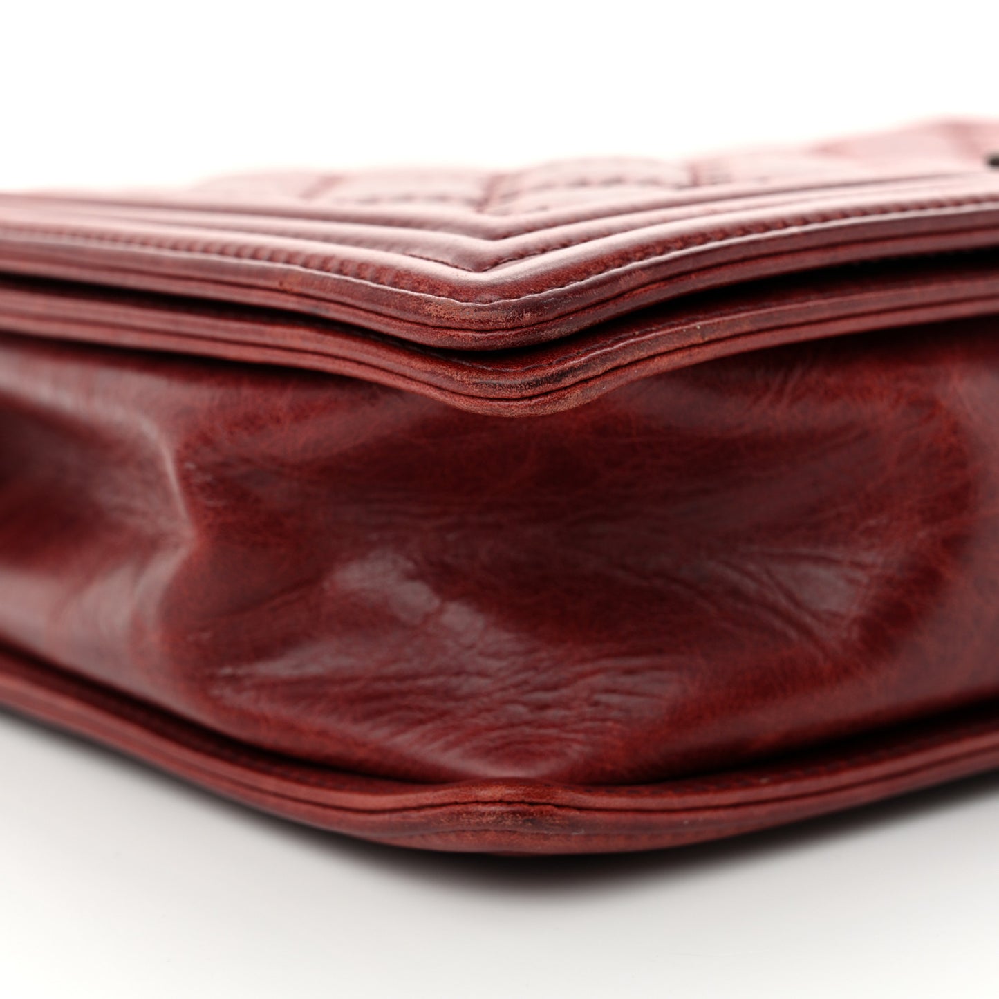 Calfskin Quilted Double Stitch Large Boy Flap Burgundy