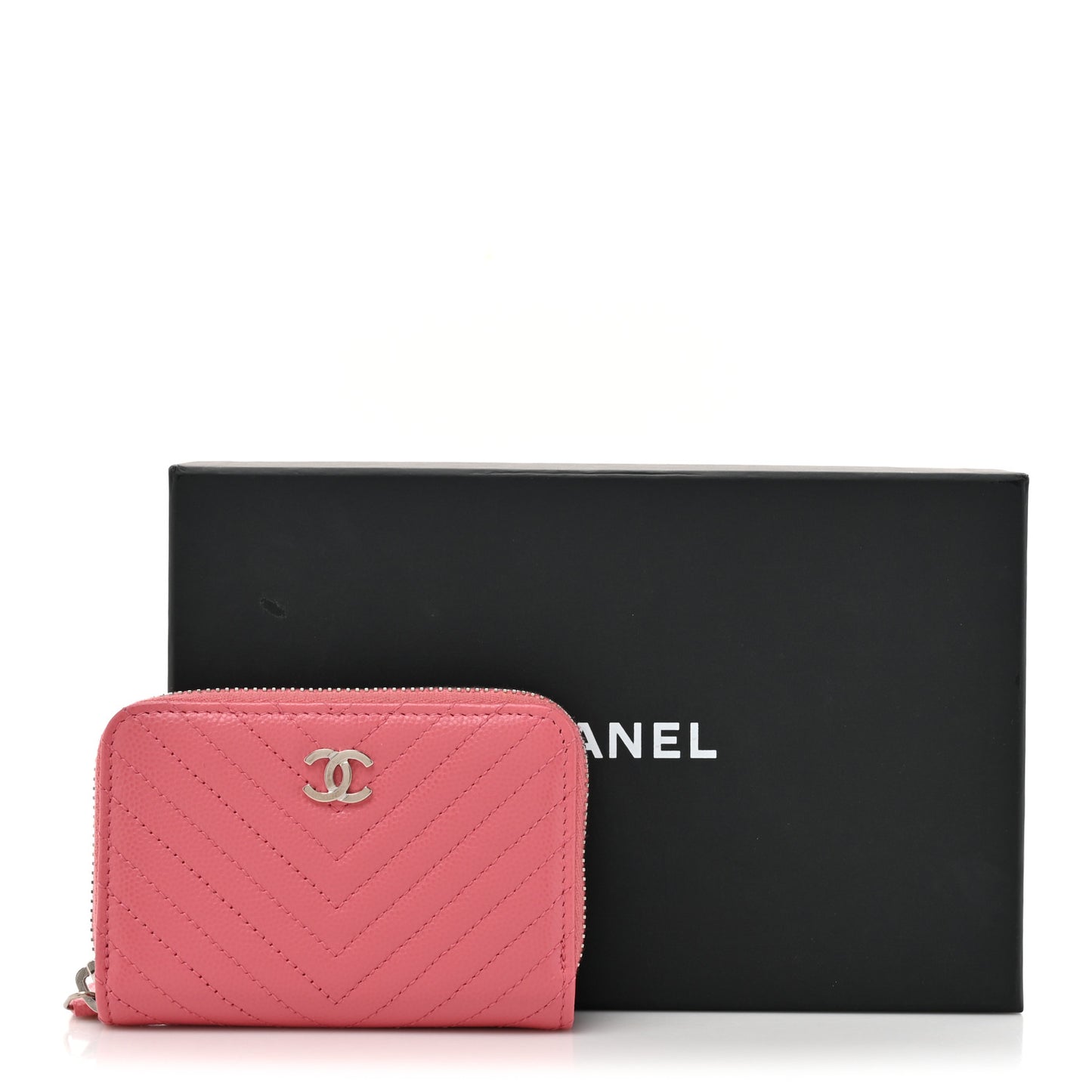 Caviar Chevron Quilted Zip Coin Purse Pink