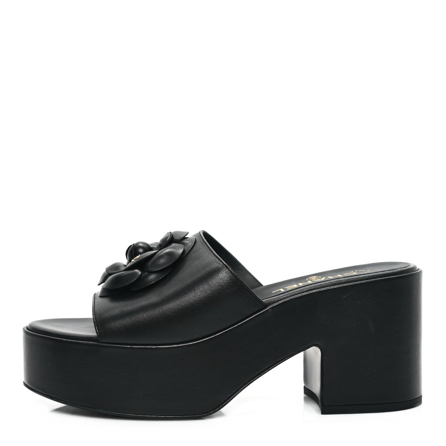 Lambskin Camellia Platform Mules 38.5 Black