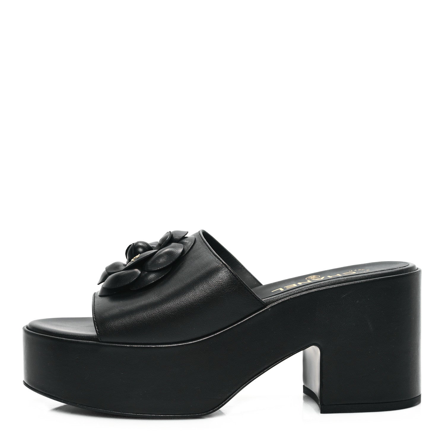 Chanel Lambskin Camellia Platform Mules 38.5 Black 1 of 8