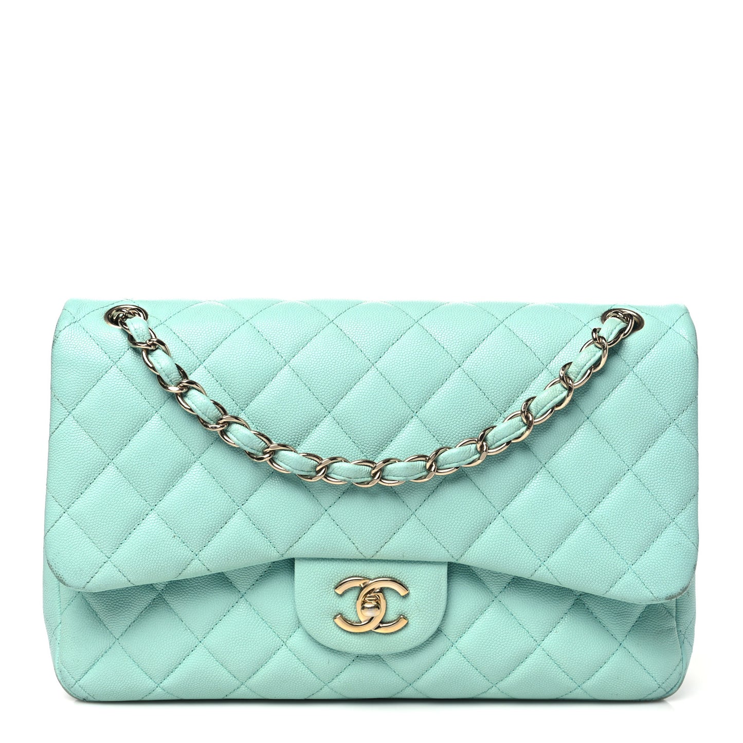 Caviar Quilted Jumbo Double Flap Light Green