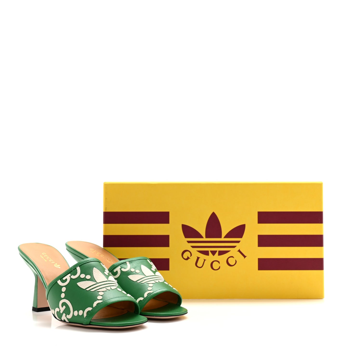X ADIDAS Nappa Charlotte Suede Monogram Jumbo GG Trefoil 75mm Slide Sandals 37 New Shamarock Ivoire