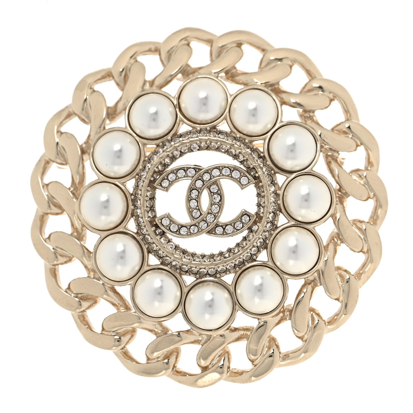 Crystal Chain Pearl Round CC Brooch Gold