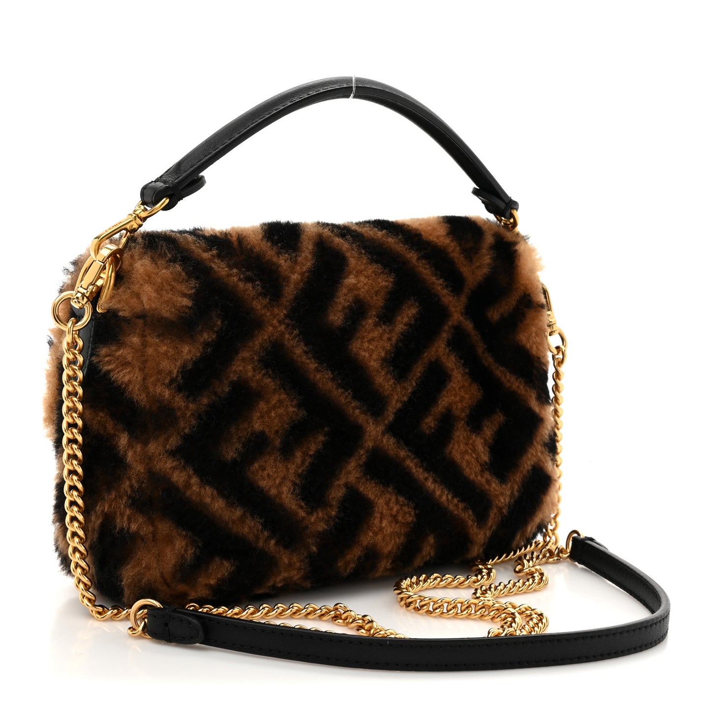 Shearling Vitello Dolce Macro FF 1974 Mini Baguette Tobacco Black
