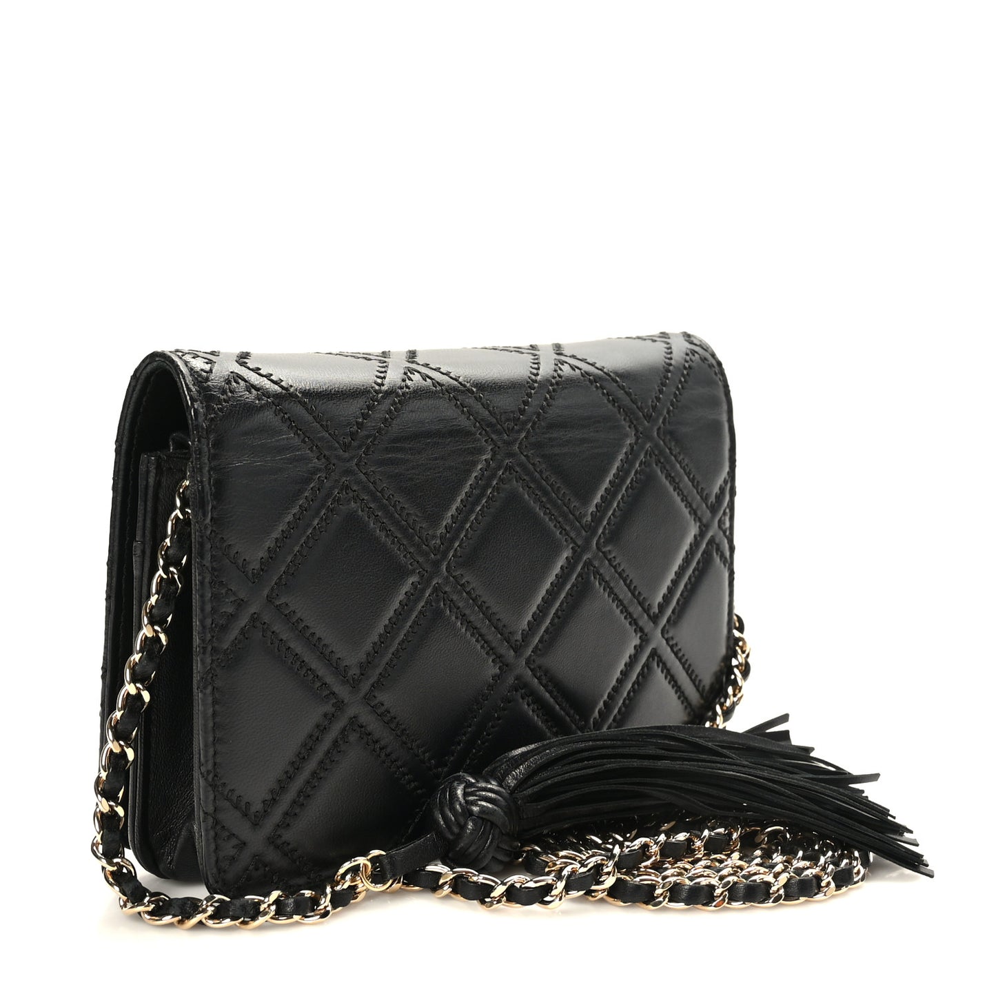 Lambskin Quilted Double Stitch Tassel Wallet On Chain WOC Black