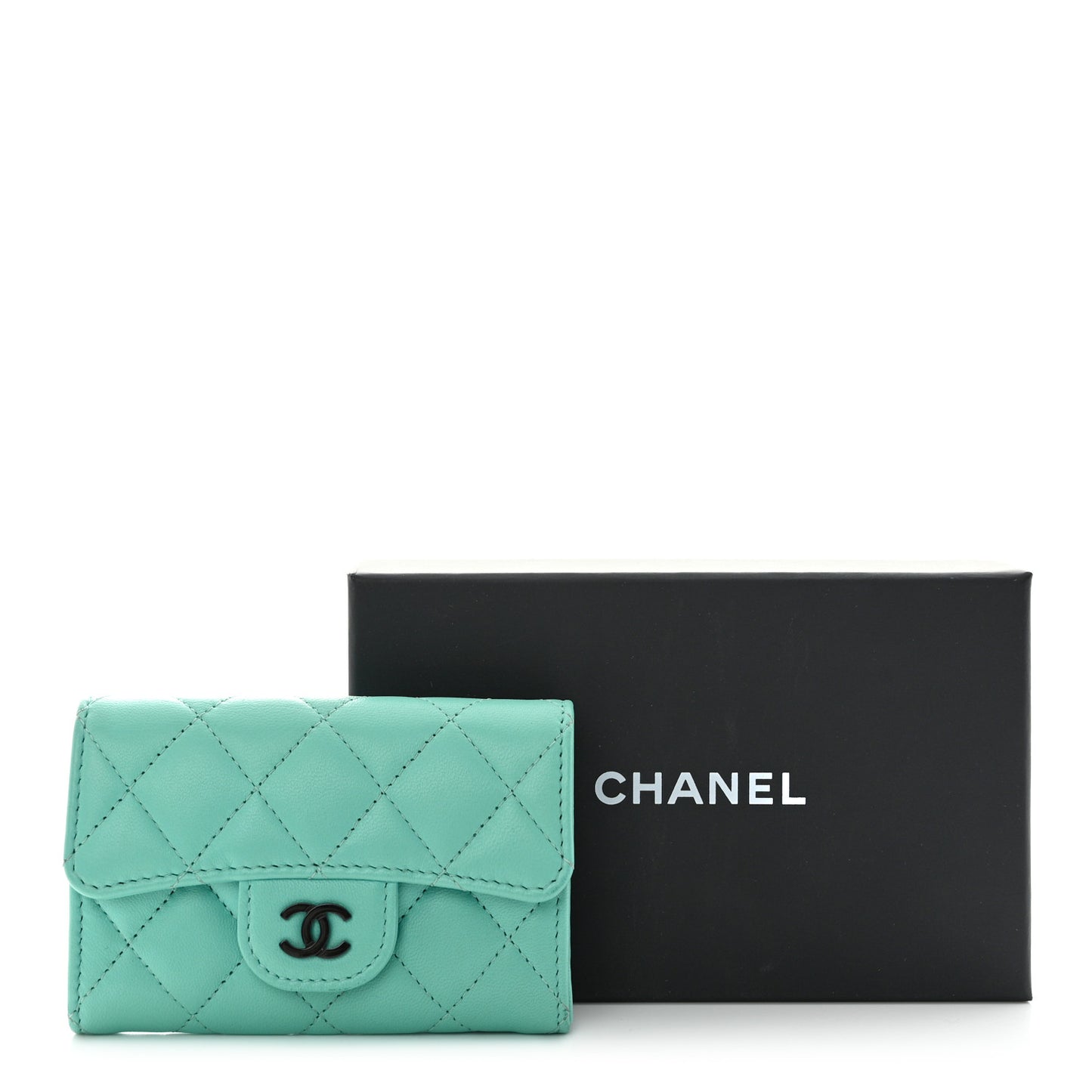 Lambskin Quilted Flap Card Holder Wallet Turquoise