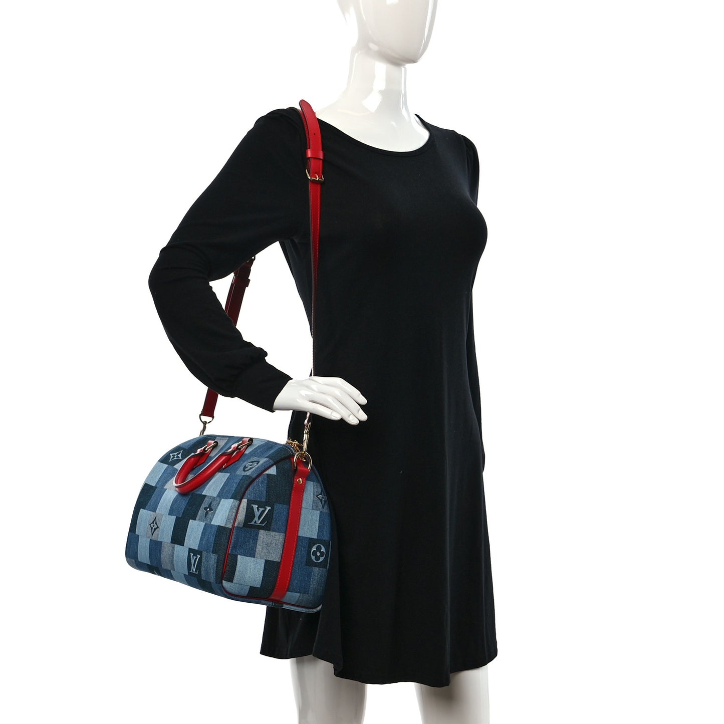 Denim Damier Monogram Patchwork Speedy Bandouliere 30 Blue Rouge