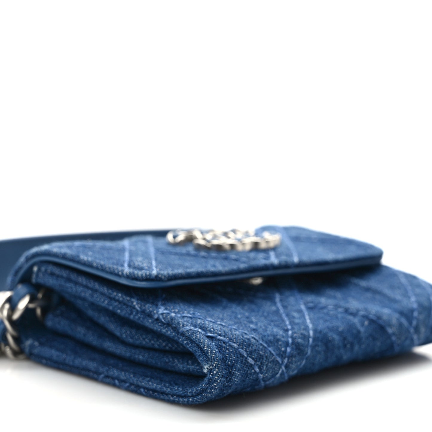 Denim Quilted Chanel 19 Flap Coin Purse With Chain Blue