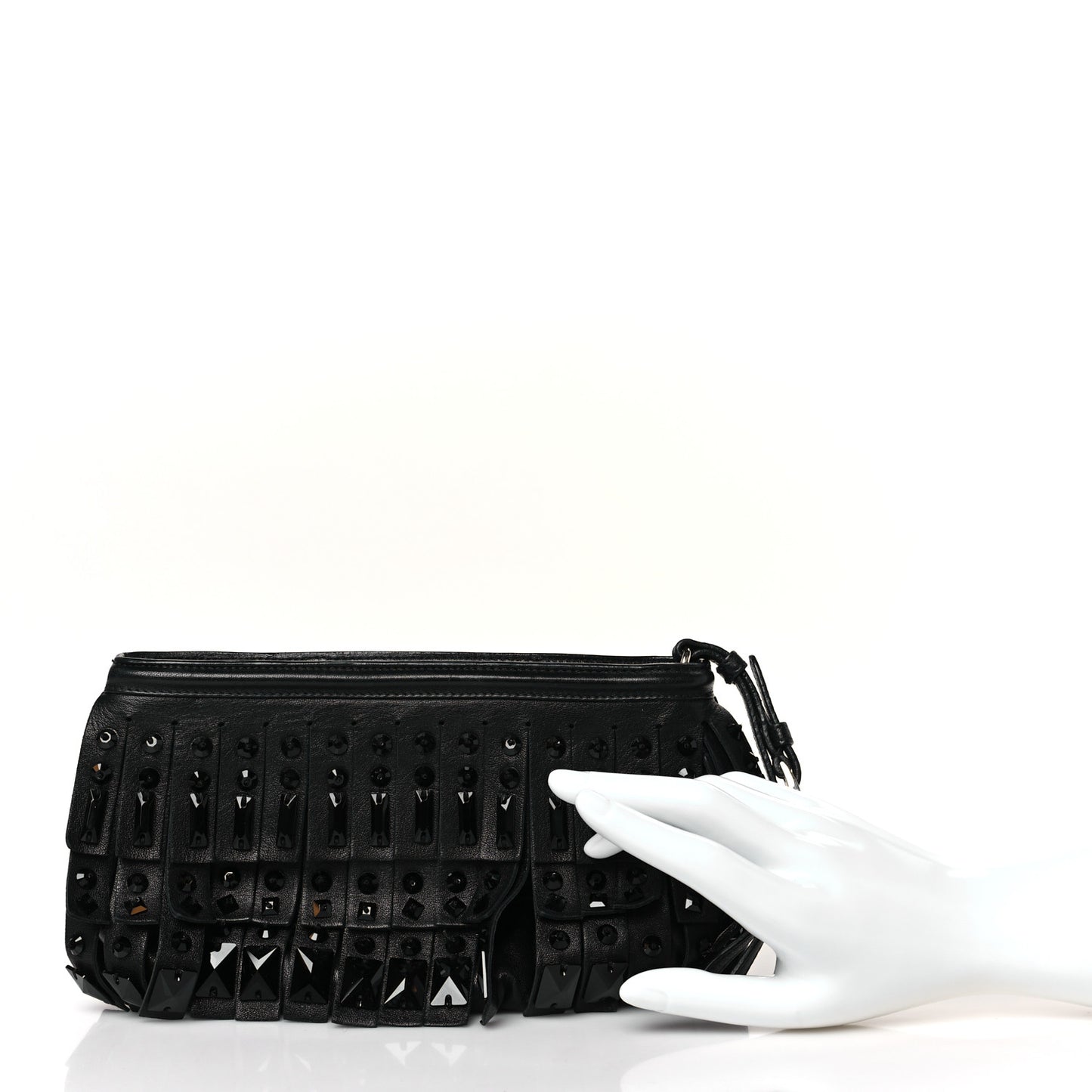 Nappa Jeweled Fringe Wristlet Clutch Black