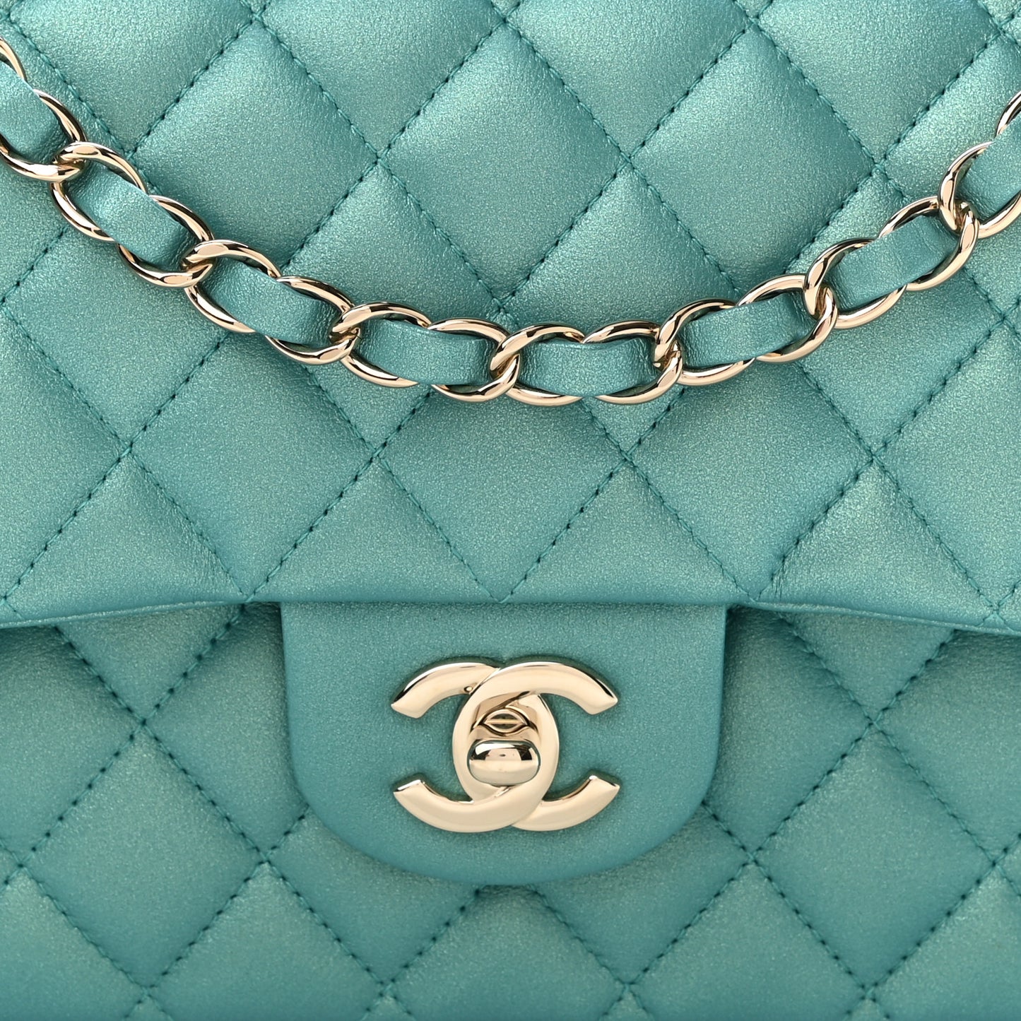Iridescent Calfskin Quilted Medium Double Flap Green