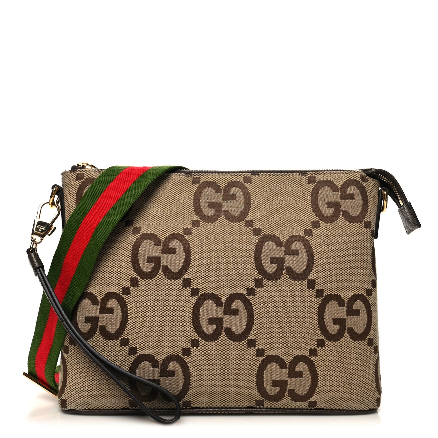 Monogram Jumbo GG Textured Dollar Calfskin Web Wristlet Messenger Bag Camel Ebony New Acero