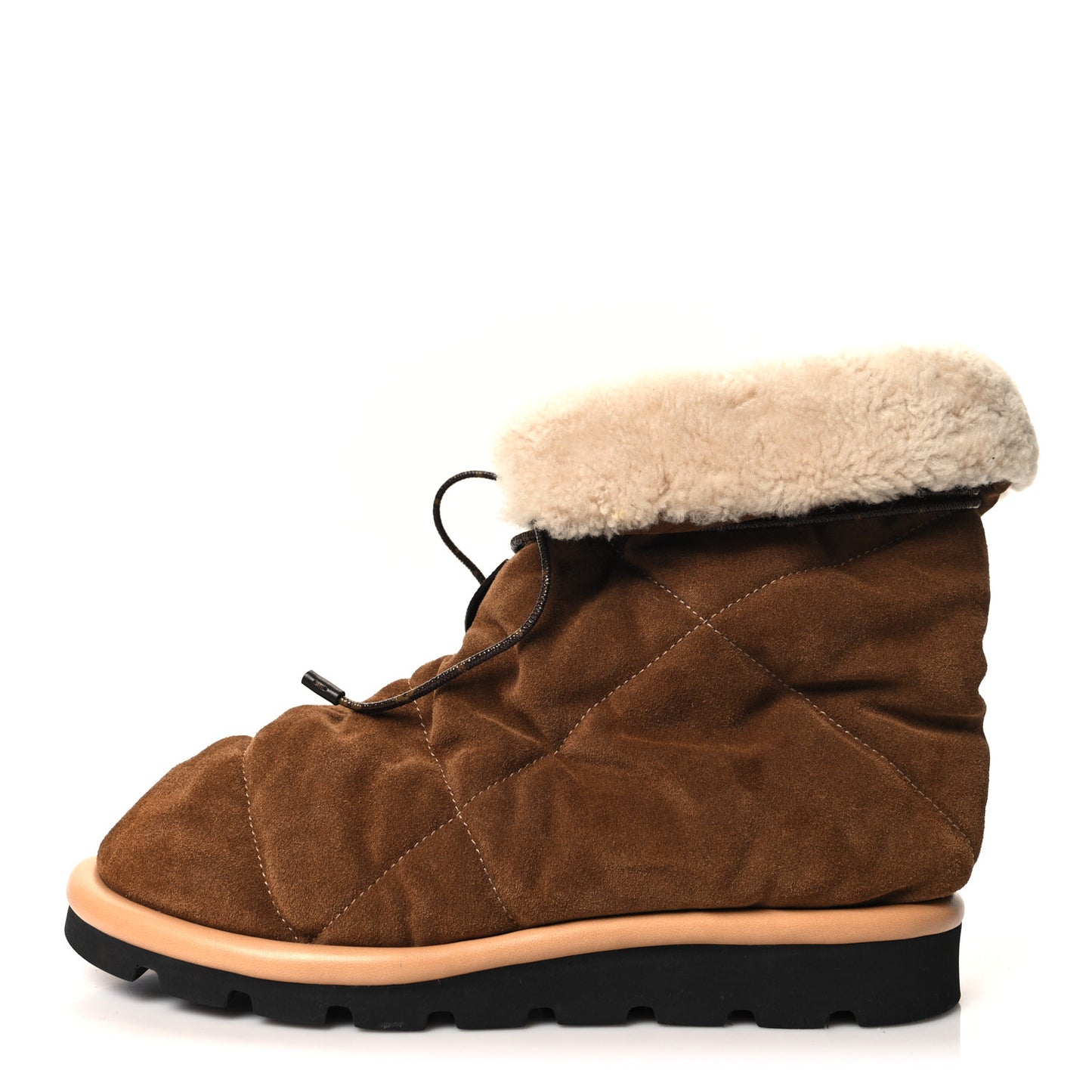 Suede Shearling Quilted Flat Ankle Boot 40 Beige