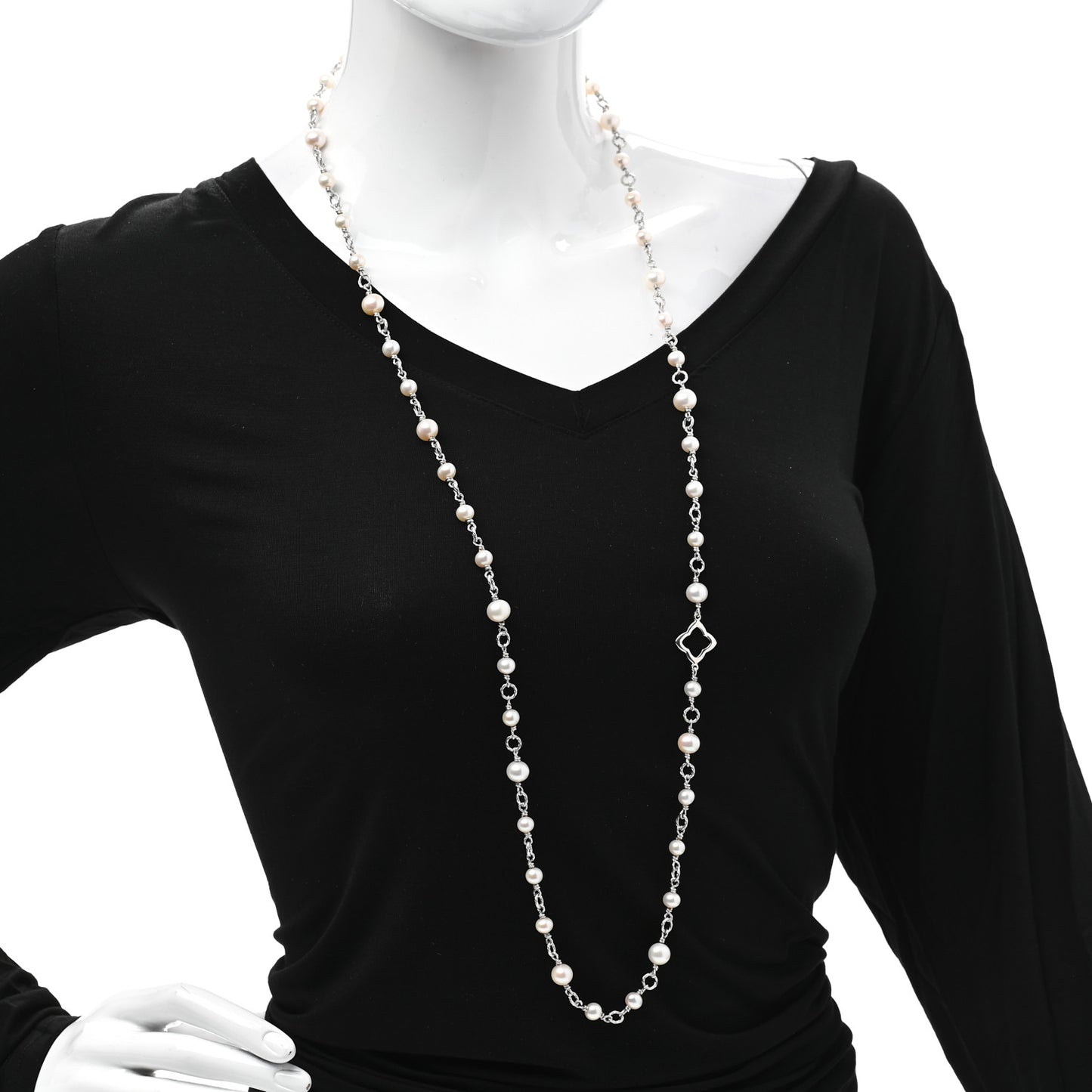 Sterling Silver Pearl 9mm Quatrefoil Long Chain Necklace