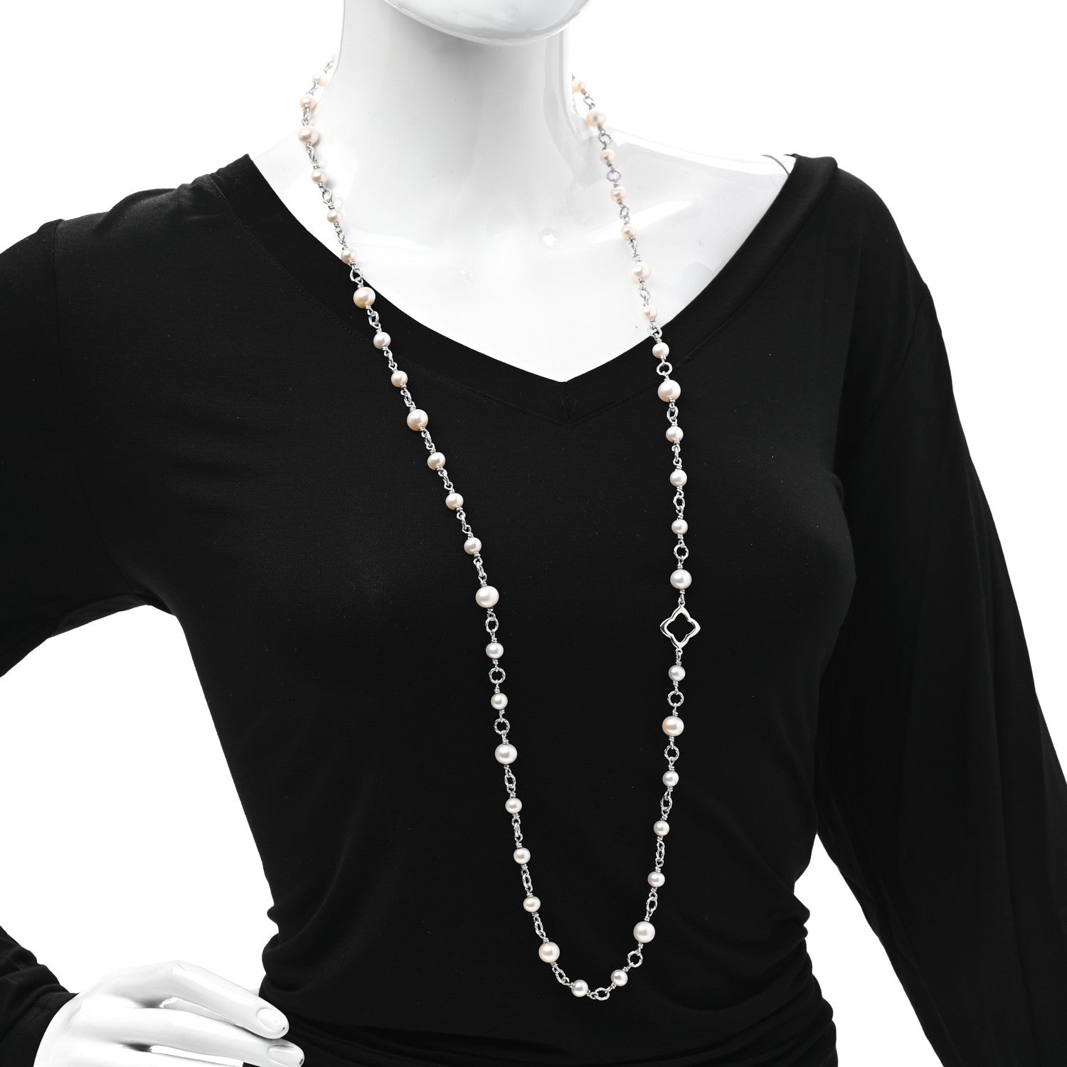 David Yurman Sterling Silver Pearl 9mm Quatrefoil Long Chain Necklace 2 of 5