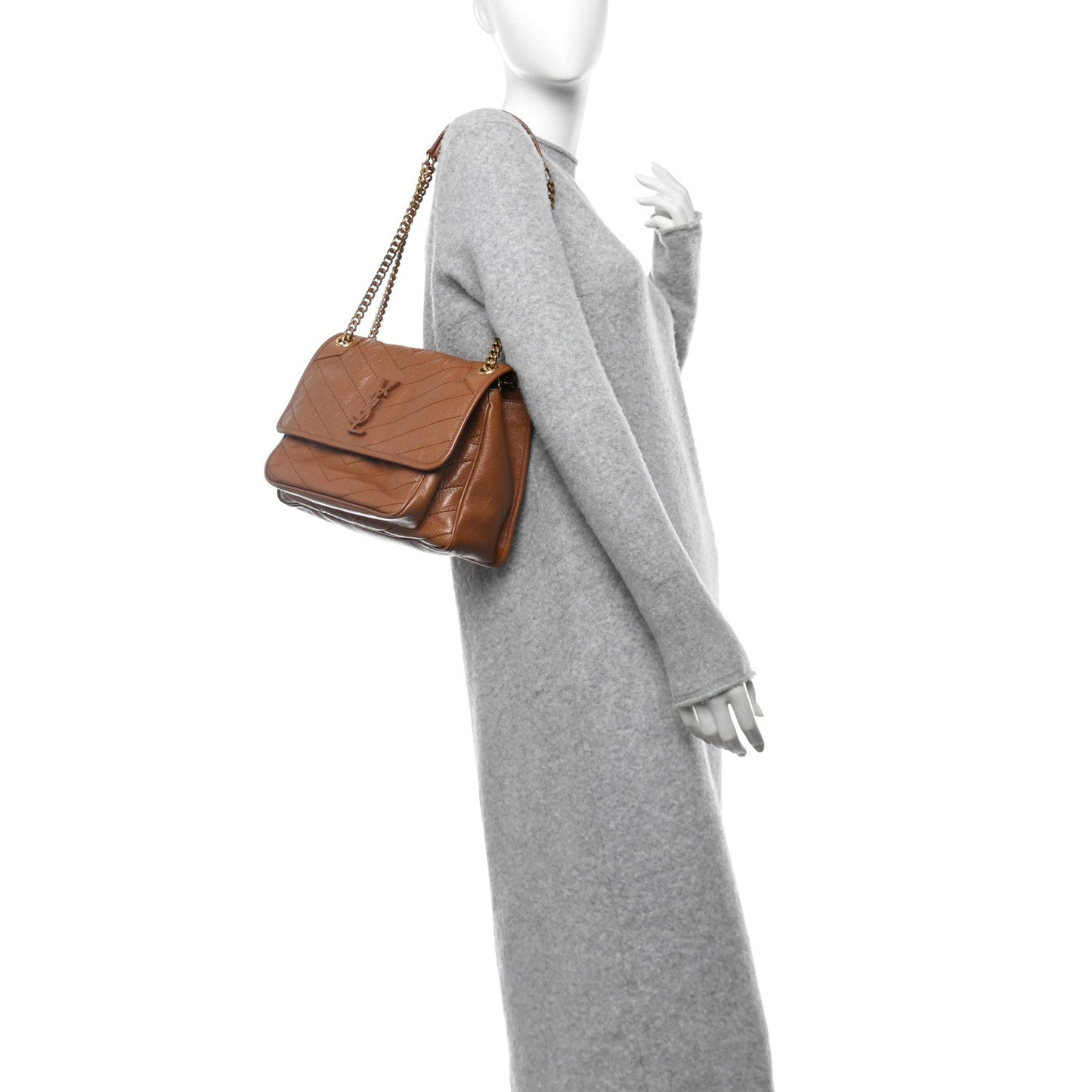 Crinkled Calfskin Matelasse Monogram Medium Niki Chain Satchel Caramel