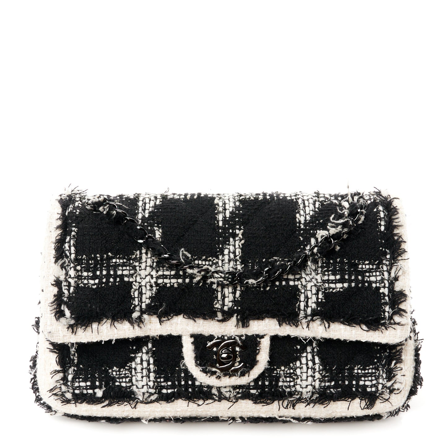 Tweed Quilted Tartan Medium Double Flap Black White