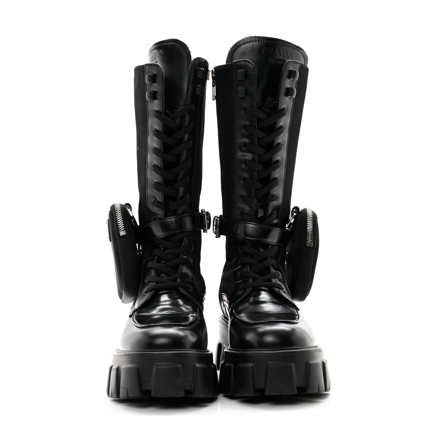 Vitello Lux Nylon Metal Triangle Logo Monolith Pouch Pocket 55mm Tall Combat Boots 38.5 Black