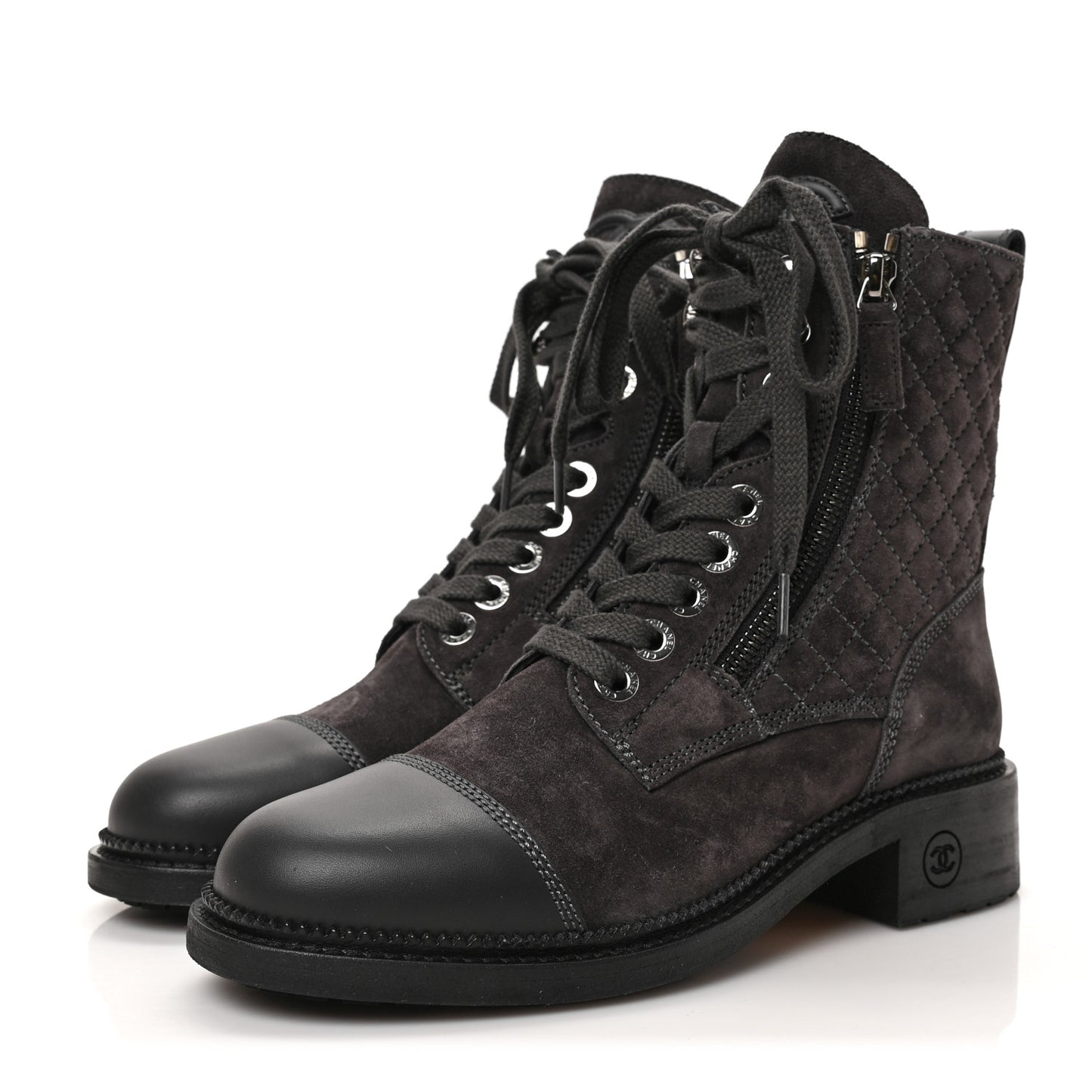 Suede Calfskin Quilted Lace Up Boots 36.5 Grey