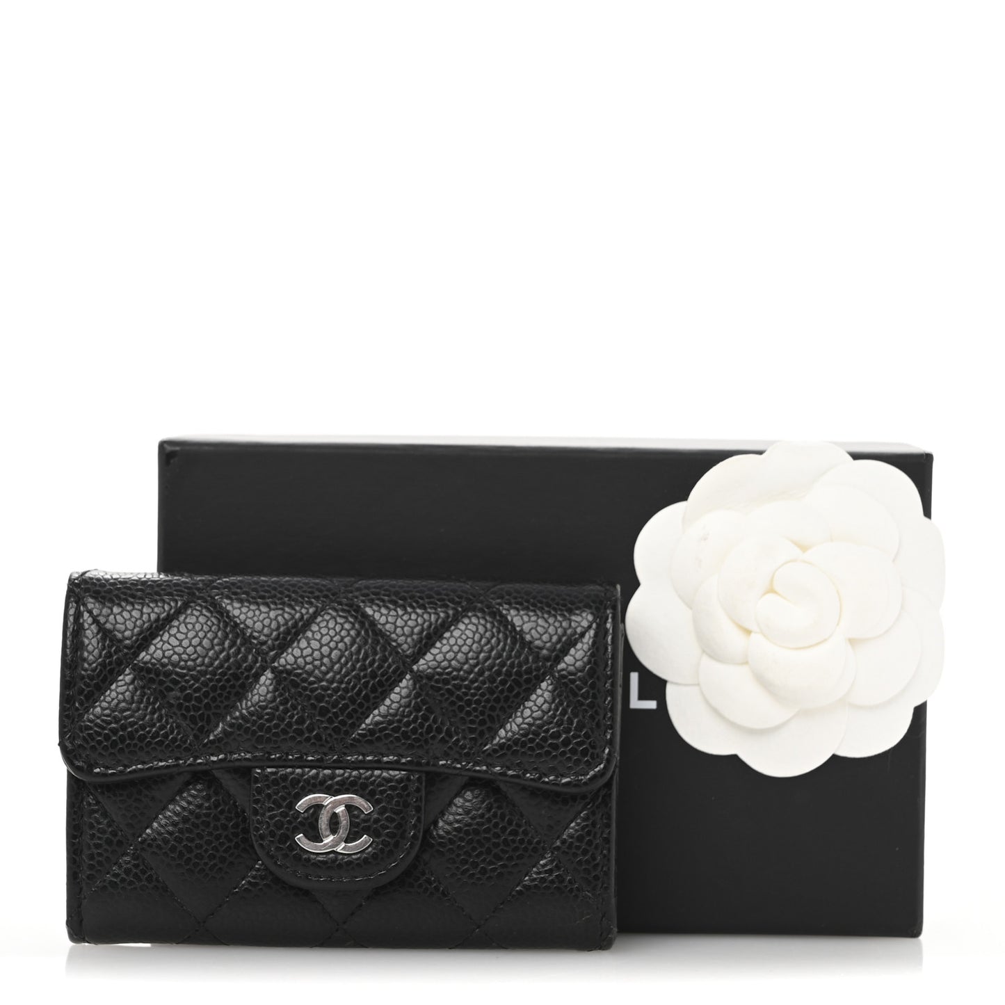 Caviar Quilted Flap Card Holder Wallet Black