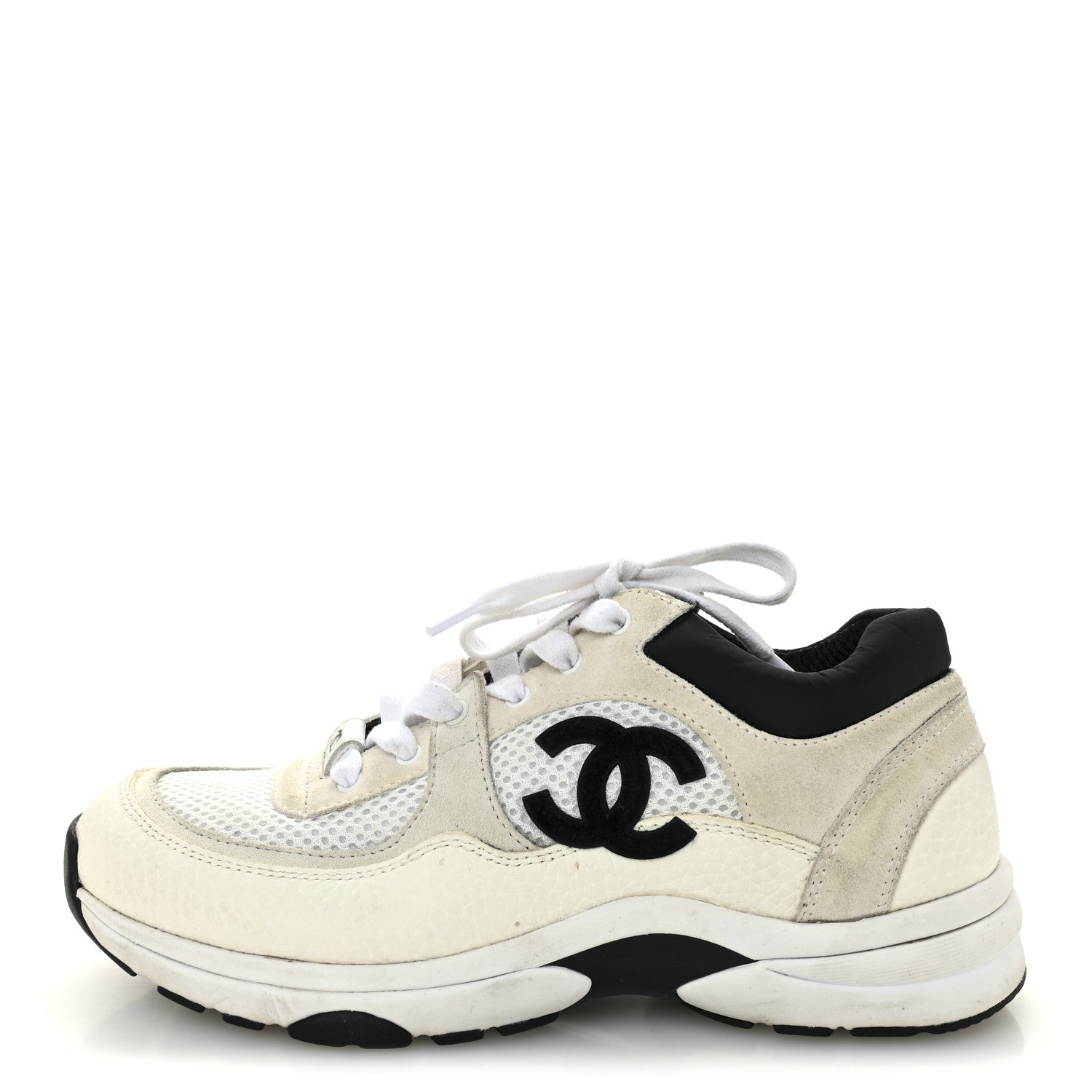 Chanel Mesh Suede Grained Calfskin Womens CC Sneakers 37 White