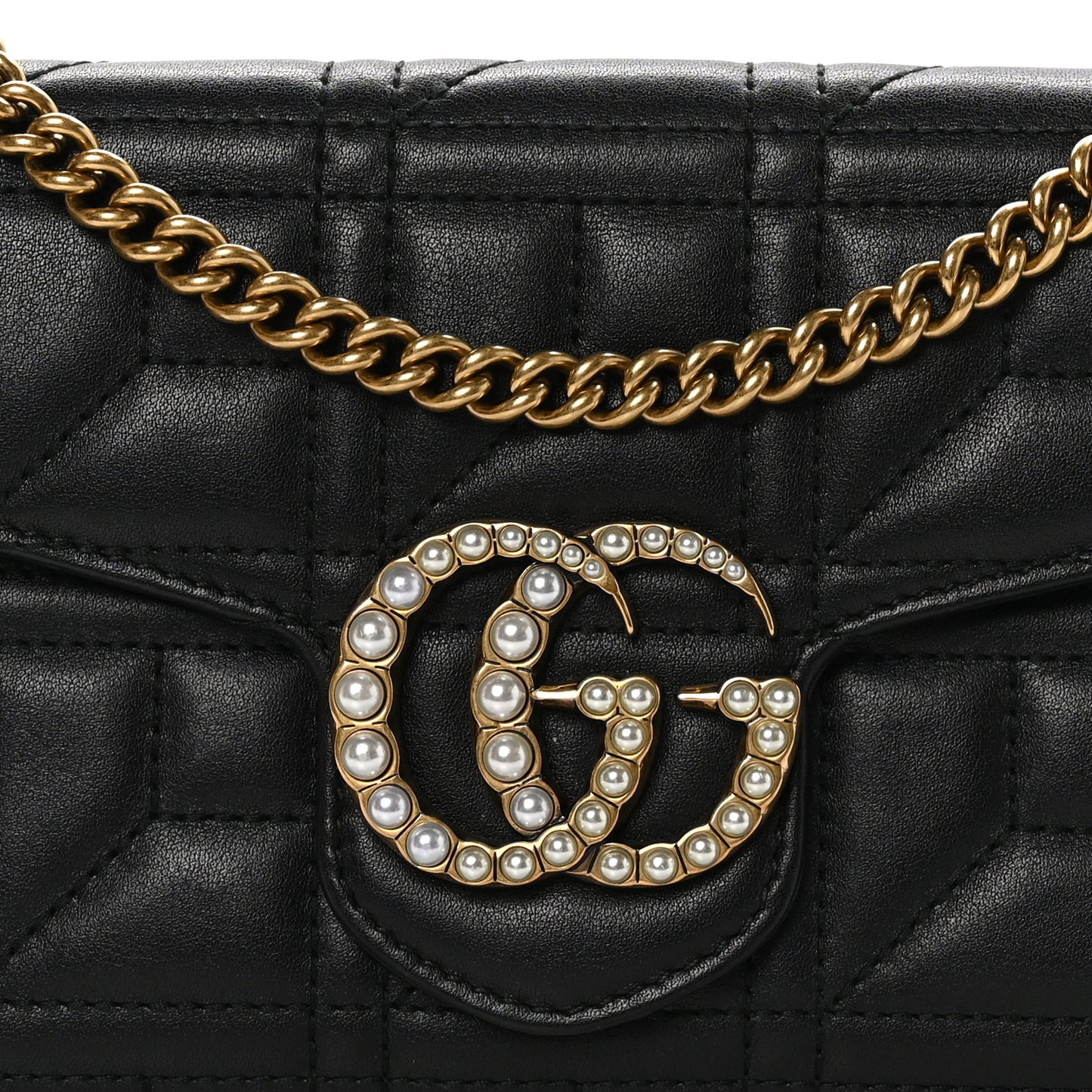 Calfskin Matelasse Mini Pearly GG Marmont Chain Wallet Black