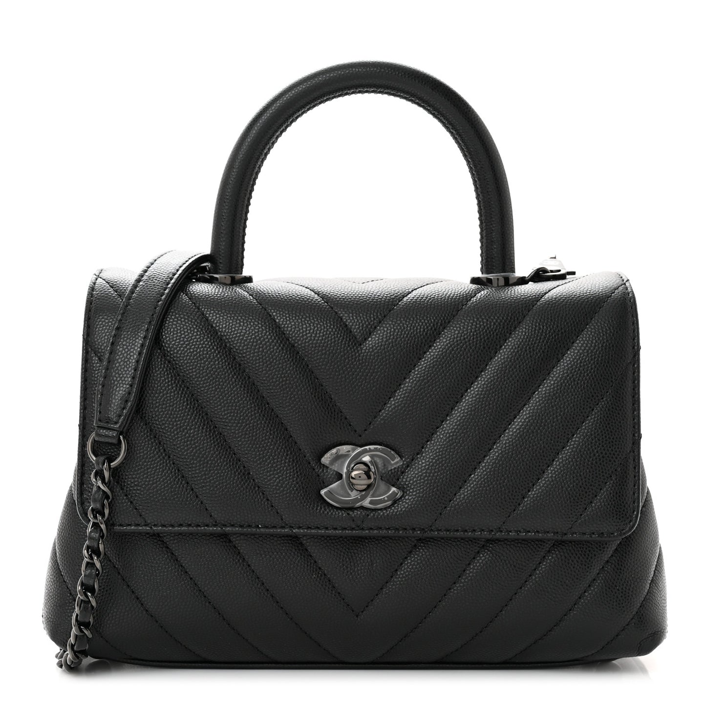Caviar Chevron Quilted Mini Coco Handle Flap So Black