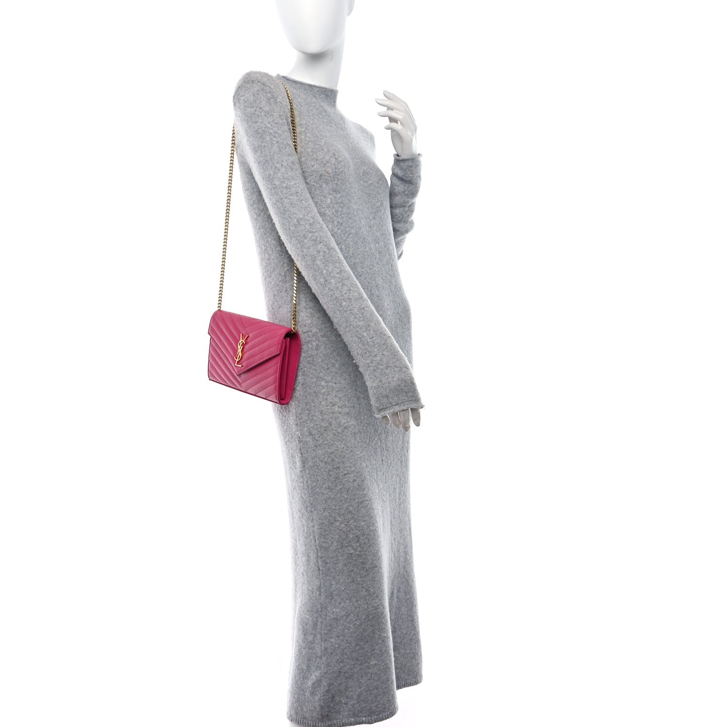 Grain De Poudre Matelasse Chevron Monogram Chain Wallet Lipstick Fuchsia