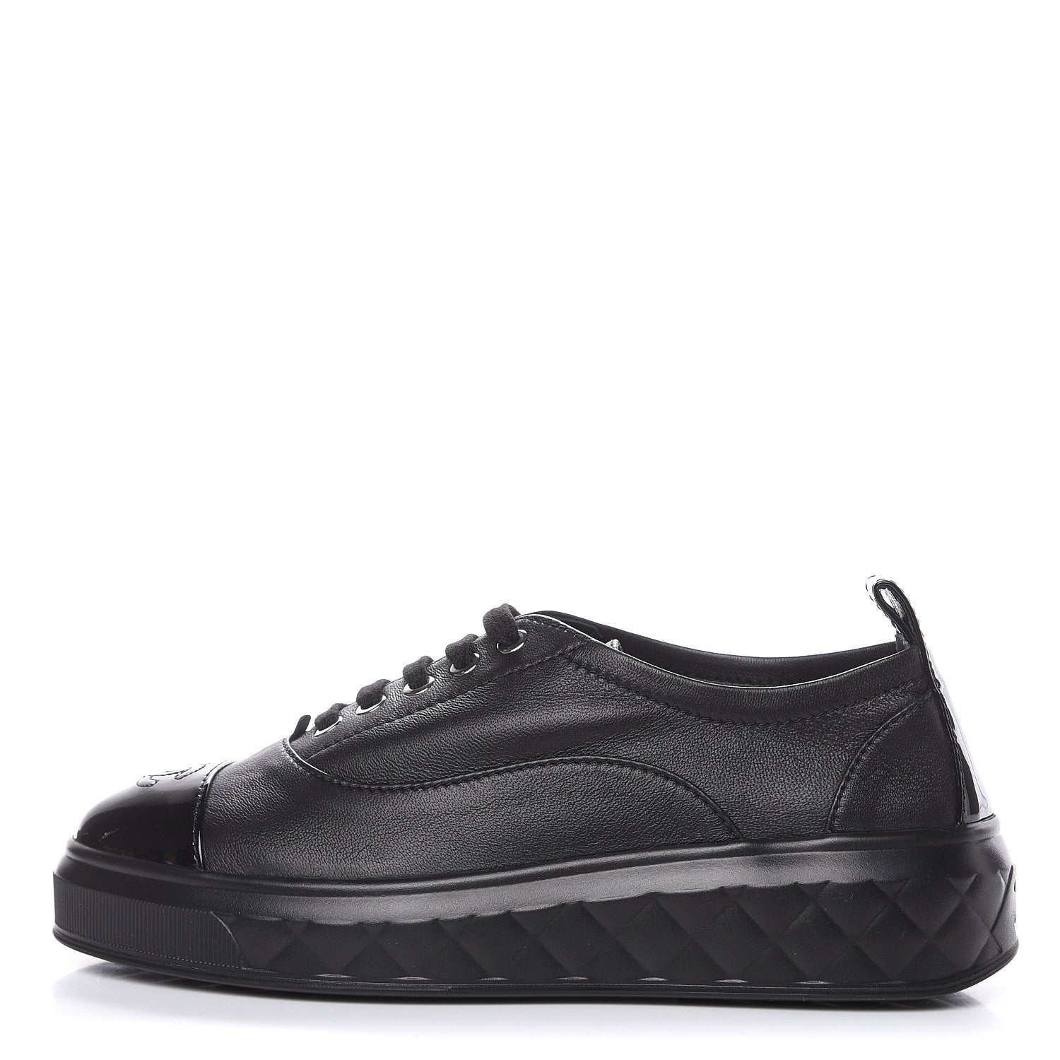 Chanel Lambskin Patent Cap Toe Lace Up Sneakers 38.5 Black