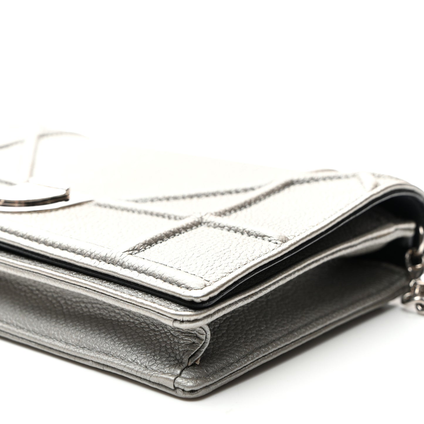 Metallic Grained Calfskin Diorama Wallet on Chain Pouch Silver