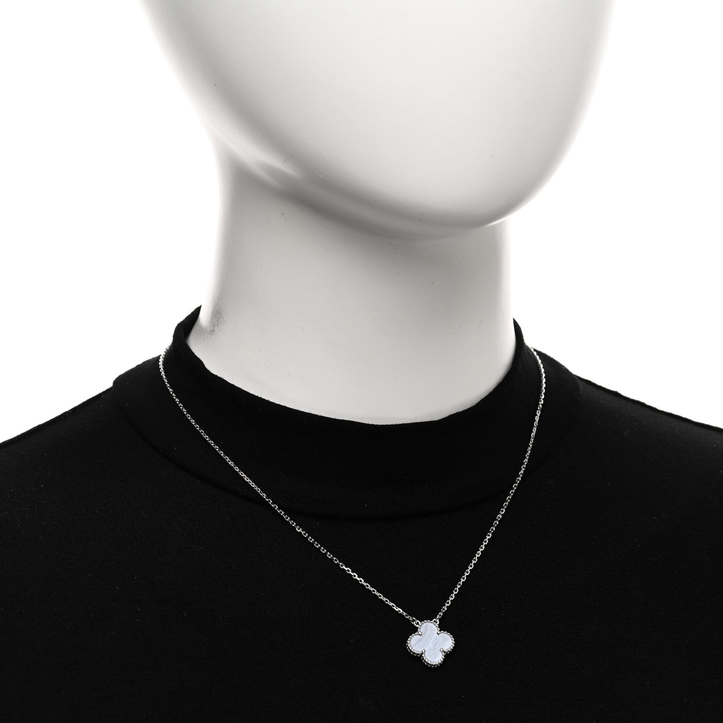 18K White Gold Chalcedony Vintage Alhambra Pendant Necklace
