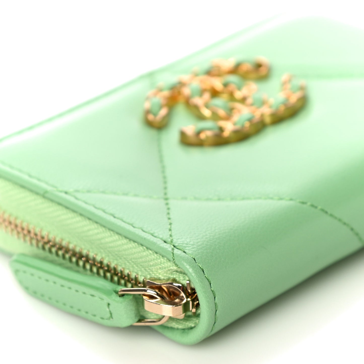 Lambskin Quilted 19 Zip Around Coin Purse Wallet Green