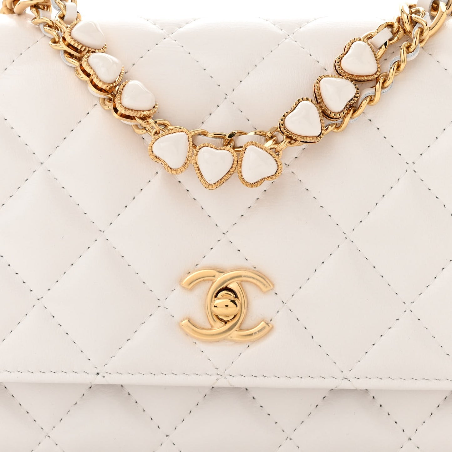 Lambskin Quilted Hearts CC Wallet On Chain WOC White