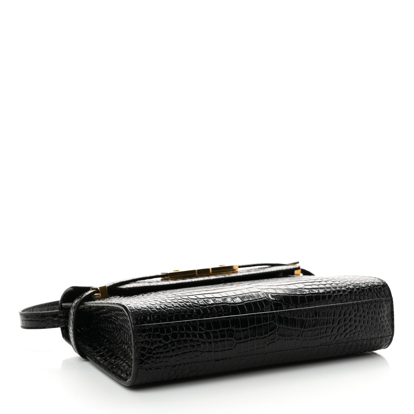 Shiny Calfskin Crocodile Embossed Small Manhattan Baguette Black